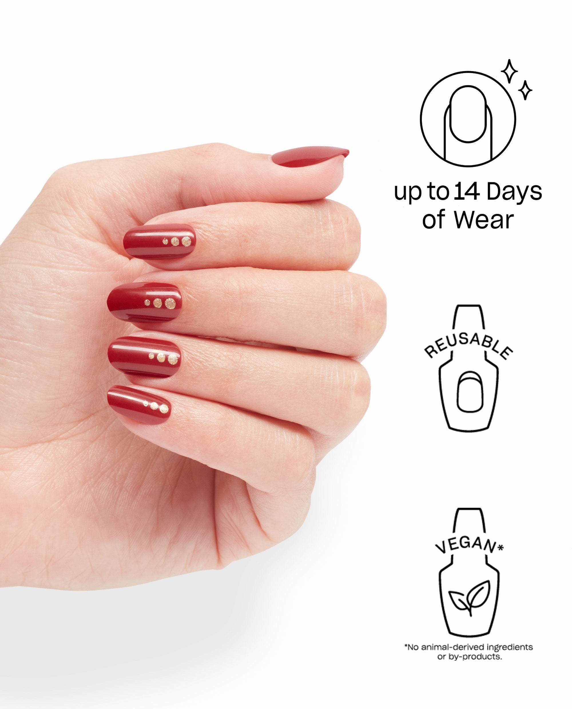 Hand models OPI On Point Big Candy Apple Red glossy press-on nails with gold dot accents on a white background, highlighting reusable, vegan fall nail colors with up to 14 days of wear.