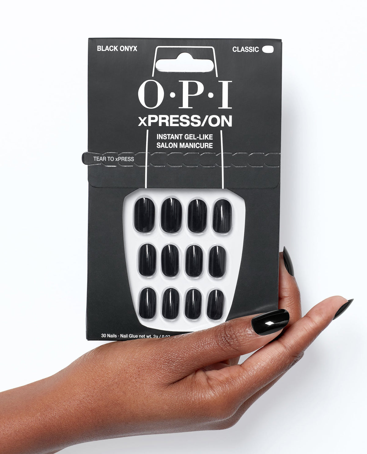 OPI Black Onyx - Short Black Press-on Nails Hand and Product