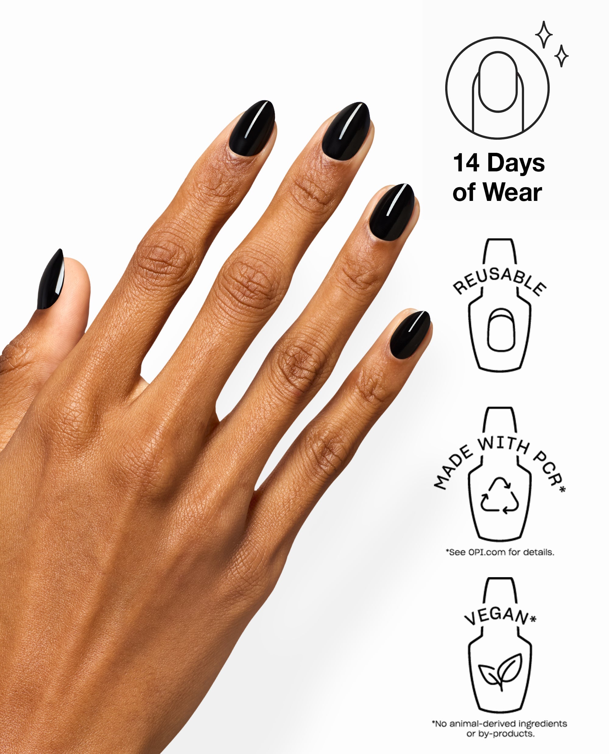 Hand wearing OPI Black Onyx xPRESS/ON glossy black press-on nails, a bold fall nail color, shown on a white background with icons for 14-day wear, reusable, PCR-made, and vegan.