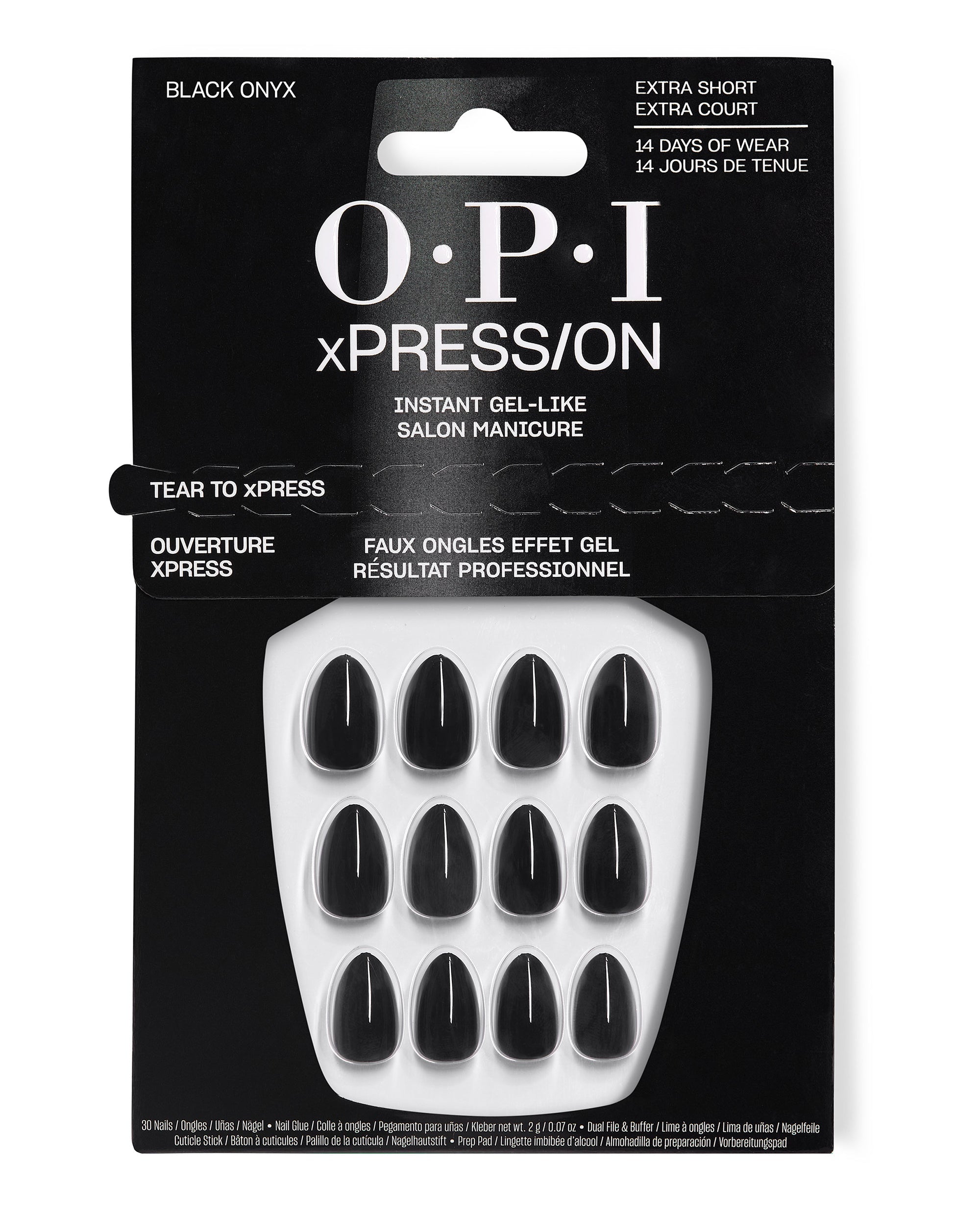 OPI Black Onyx xPRESS/ON extra short press-on nails in glossy black displayed in retail packaging, an instant gel-like manicure option for bold fall nail colors.