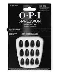 OPI Black Onyx xPRESS/ON extra short press-on nails in glossy black displayed in retail packaging, an instant gel-like manicure option for bold fall nail colors.