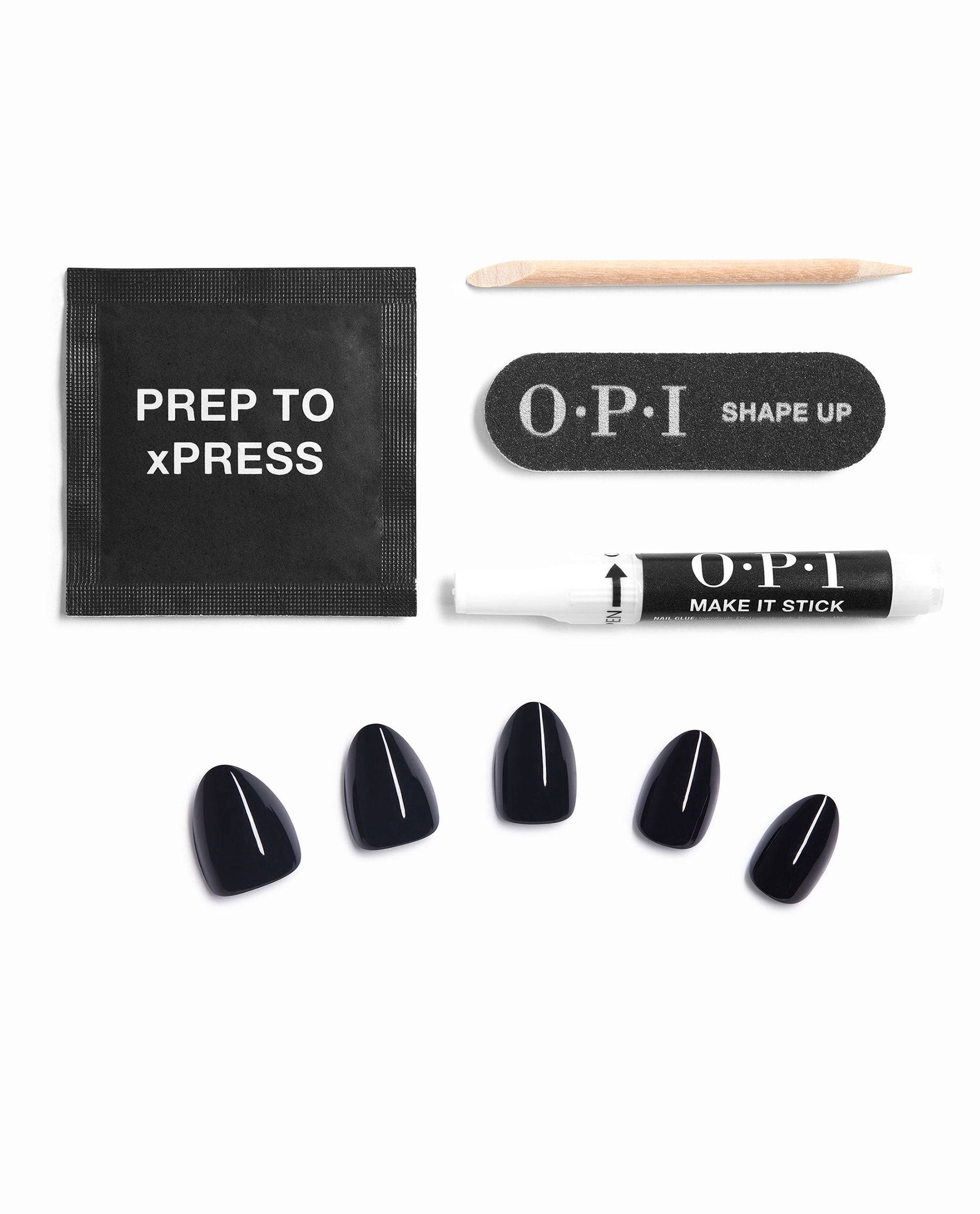 OPI Black Onyx xPRESS/ON press-on nails are arranged with a prep pad, nail file, wooden cuticle stick, and Make It Stick glue on a white background, showcasing glossy black fall nail colors.