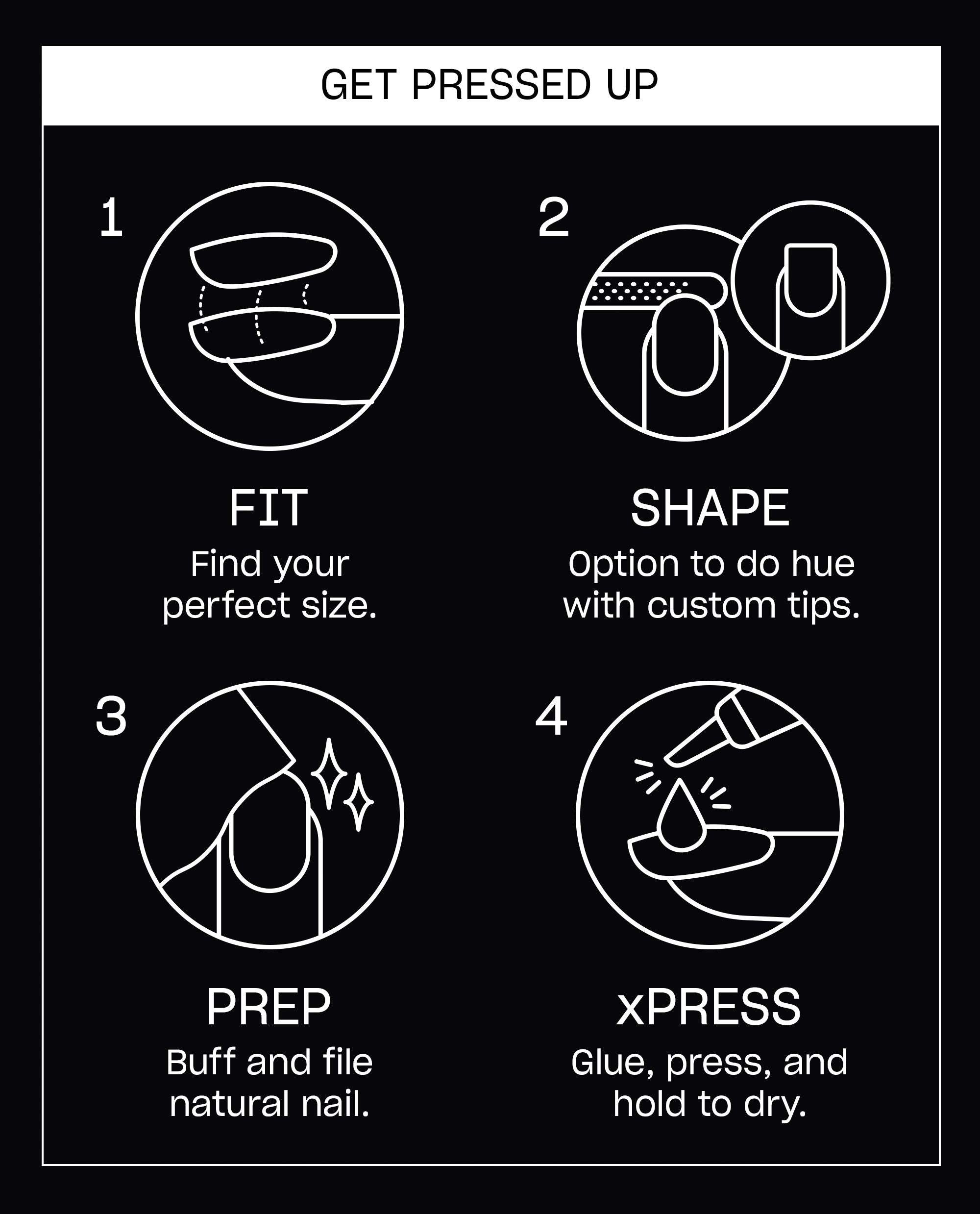 OPI Black Onyx xPRESS/ON press-on nail instructions show four steps - fit, shape, prep, and glue, press, and hold to dry - for applying glossy black fall nail colors.