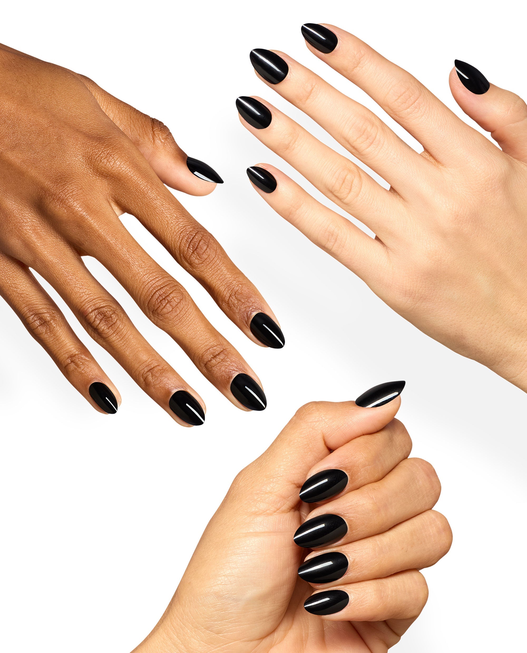 Hands display OPI Black Onyx xPRESS/ON glossy black press-on nails in a rounded almond shape, a bold choice for fall nail colors on a clean white background.