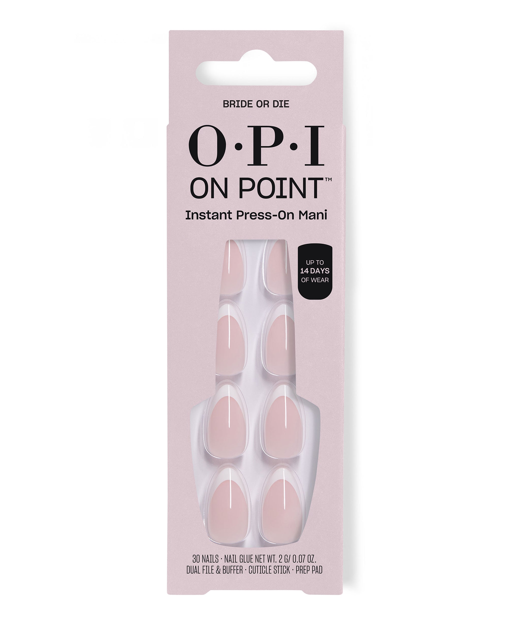 OPI On Point Bride or Die instant press-on mani displays sheer pale pink artificial nails in a blush pink box, offering up to 14 days of wear for soft fall nail colors.