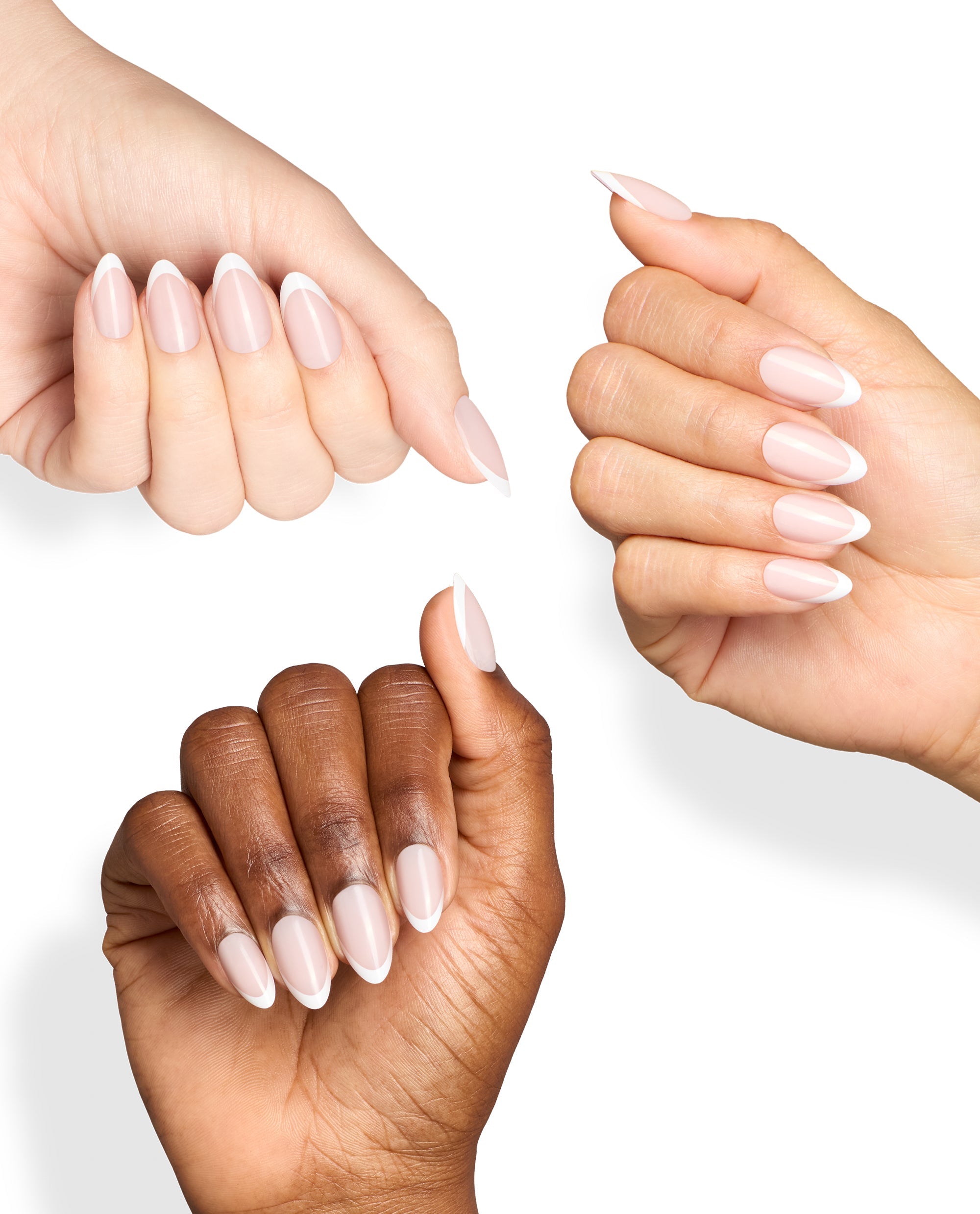 Hands of varied skin tones display Bride or Die On Point almond nails with sheer pink bases and crisp white French tips on a white background, an elegant OPI look for fall nail colors.