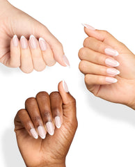 Hands of varied skin tones display Bride or Die On Point almond nails with sheer pink bases and crisp white French tips on a white background, an elegant OPI look for fall nail colors.