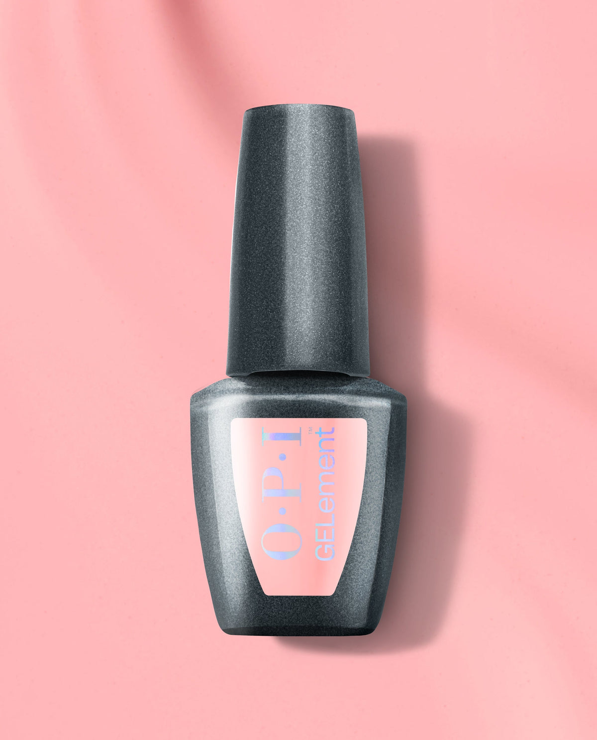 BubbleYUM at-home gel nail polish bottle from OPI GELElement, shown in a sleek charcoal gray container with a soft pink label on a matching pink background, ideal for an OPI nail polish gift set or DIY manicures at home.