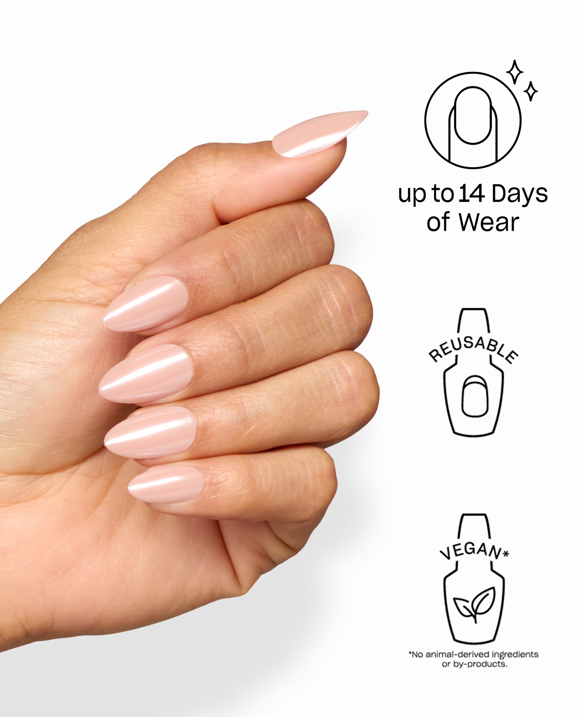 Hand wearing OPI Bubbly Behavior On Point pale pink almond artificial nails, shown with icons for up to 14 days of wear, reusable tips, and vegan formula for fall nail colors.