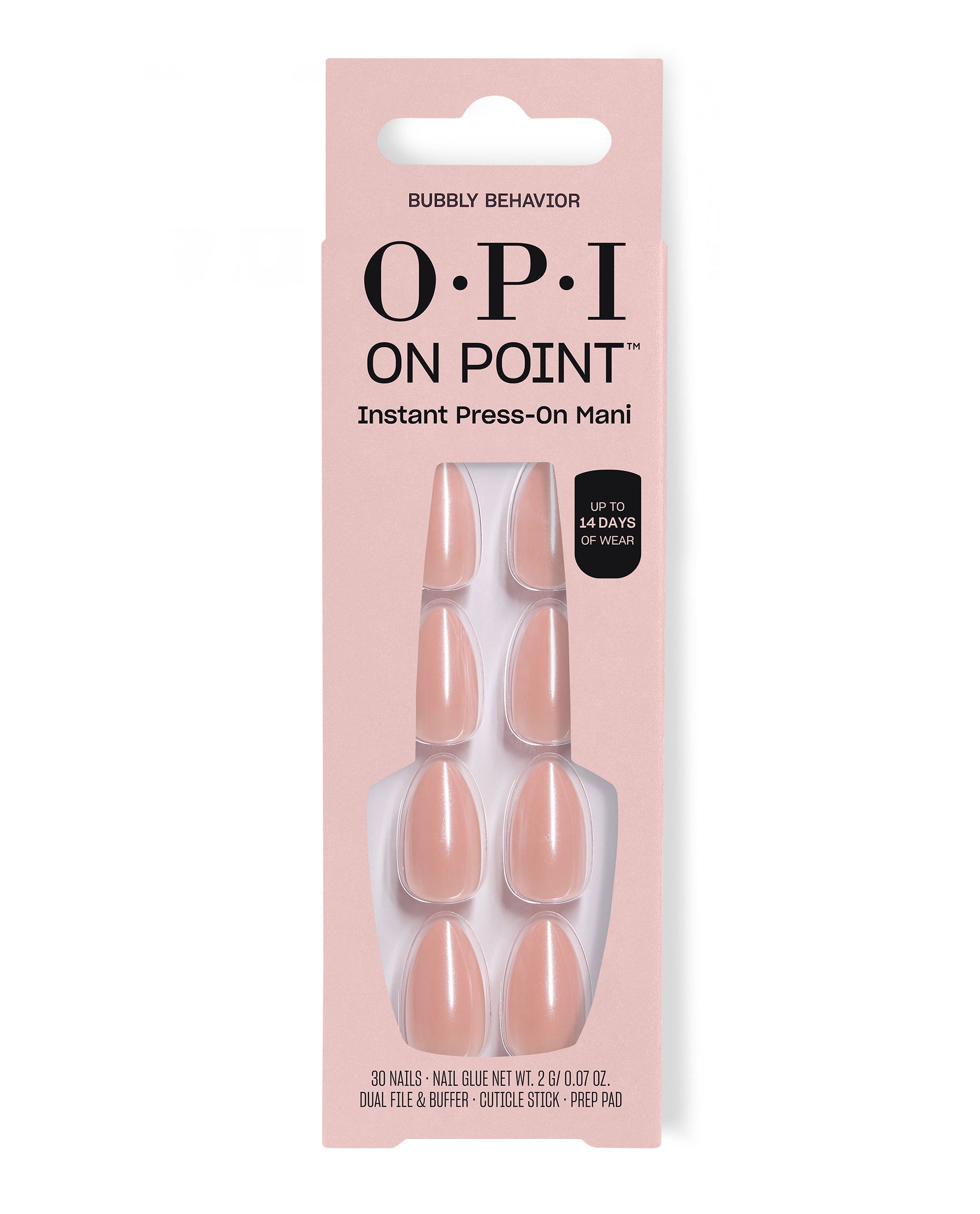 OPI On Point Bubbly Behavior press-on nails displayed in a blush pink box, showing glossy peach nude artificial nails with up to 14 days of wear, a soft pick for fall nail colors.