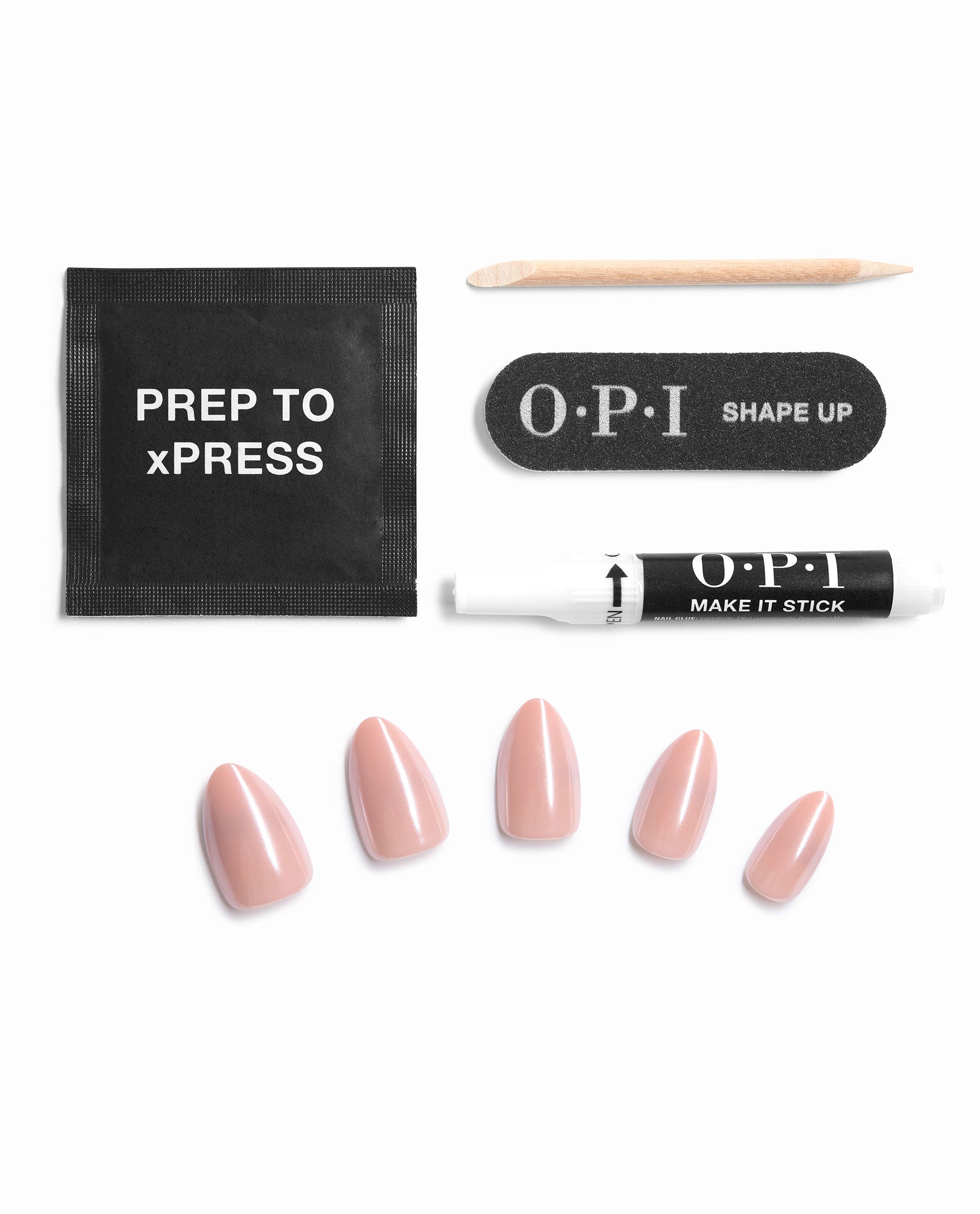 Bubbly Behavior OPI On Point press-on nails kit displays glossy soft pink artificial nails with prep pad, nail glue, file, and wooden cuticle stick on a white background, a subtle pick for fall nail colors.