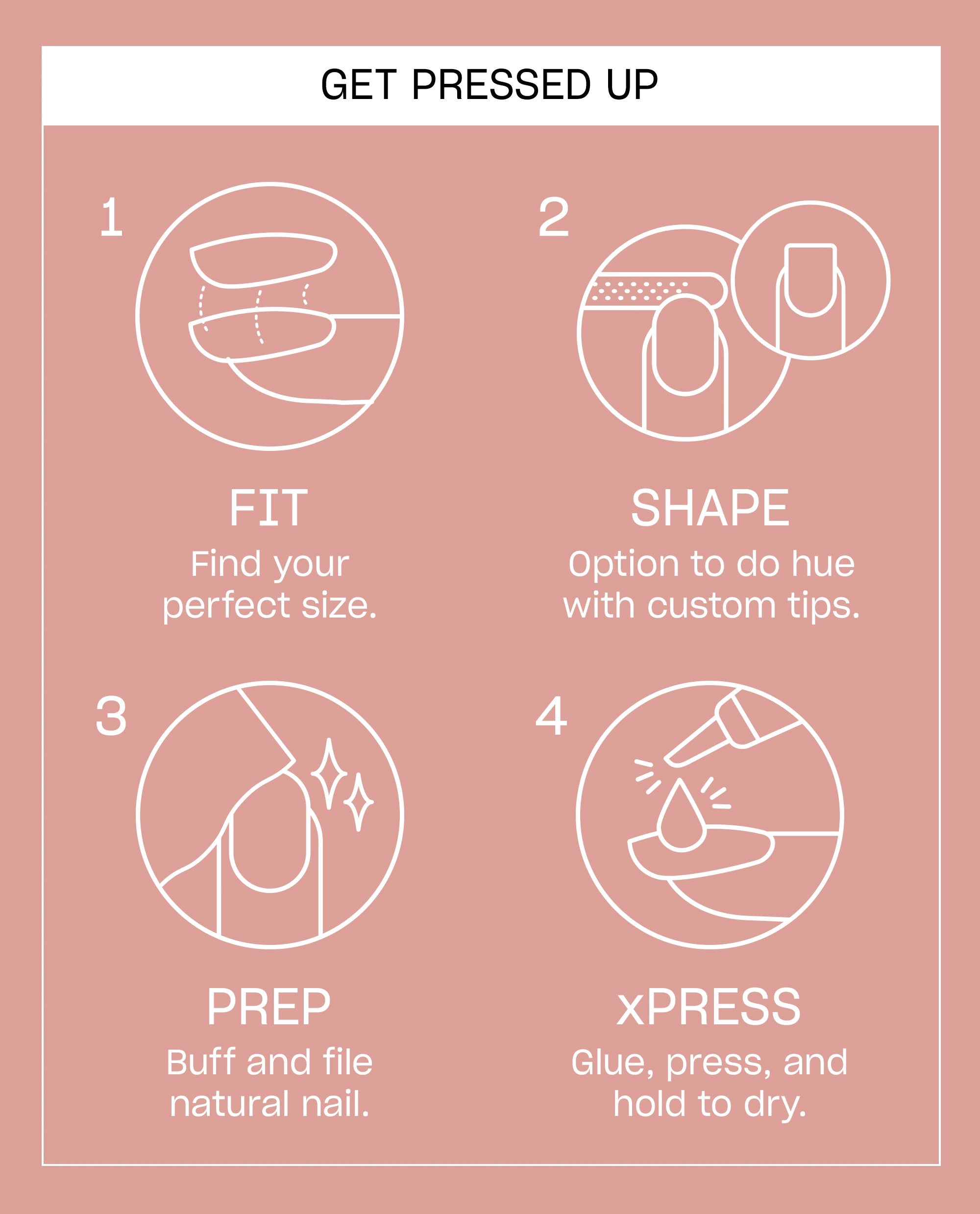 Bubbly Behavior On Point press-on nail guide shows four steps - fit, shape, prep, and xPress - on a dusty pink card for applying OPI fall nail colors.