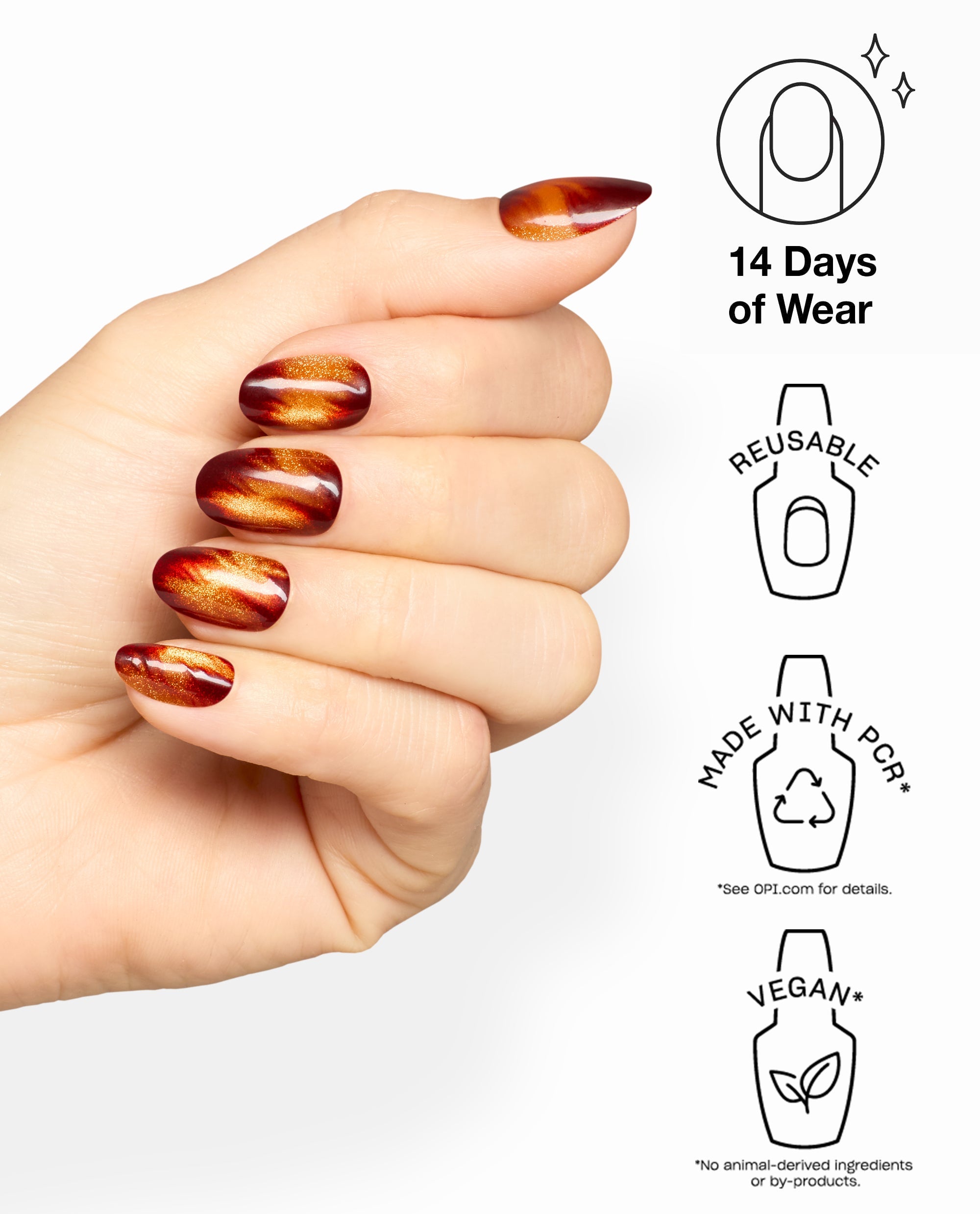 Hand wearing OPI xPRESS/ON Burn After Glazing press-on nails in glossy amber and burgundy fall nail colors, shown with icons for 14 days of wear, reusable, made with PCR, and vegan.