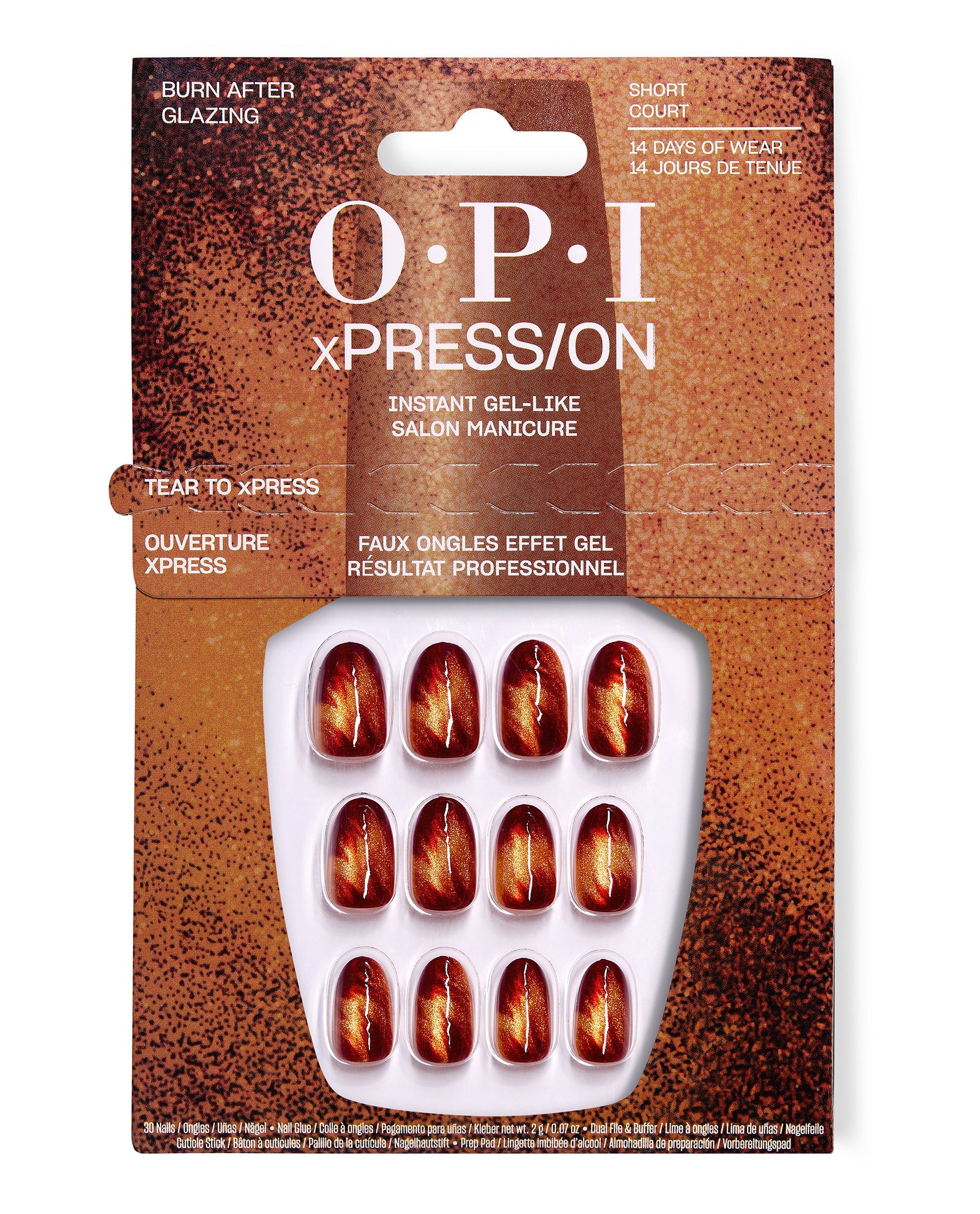 OPI xPRESS/ON Burn After Glazing short press-on nails display glossy red-orange glazed fall nail colors in branded packaging with 14 days of wear.