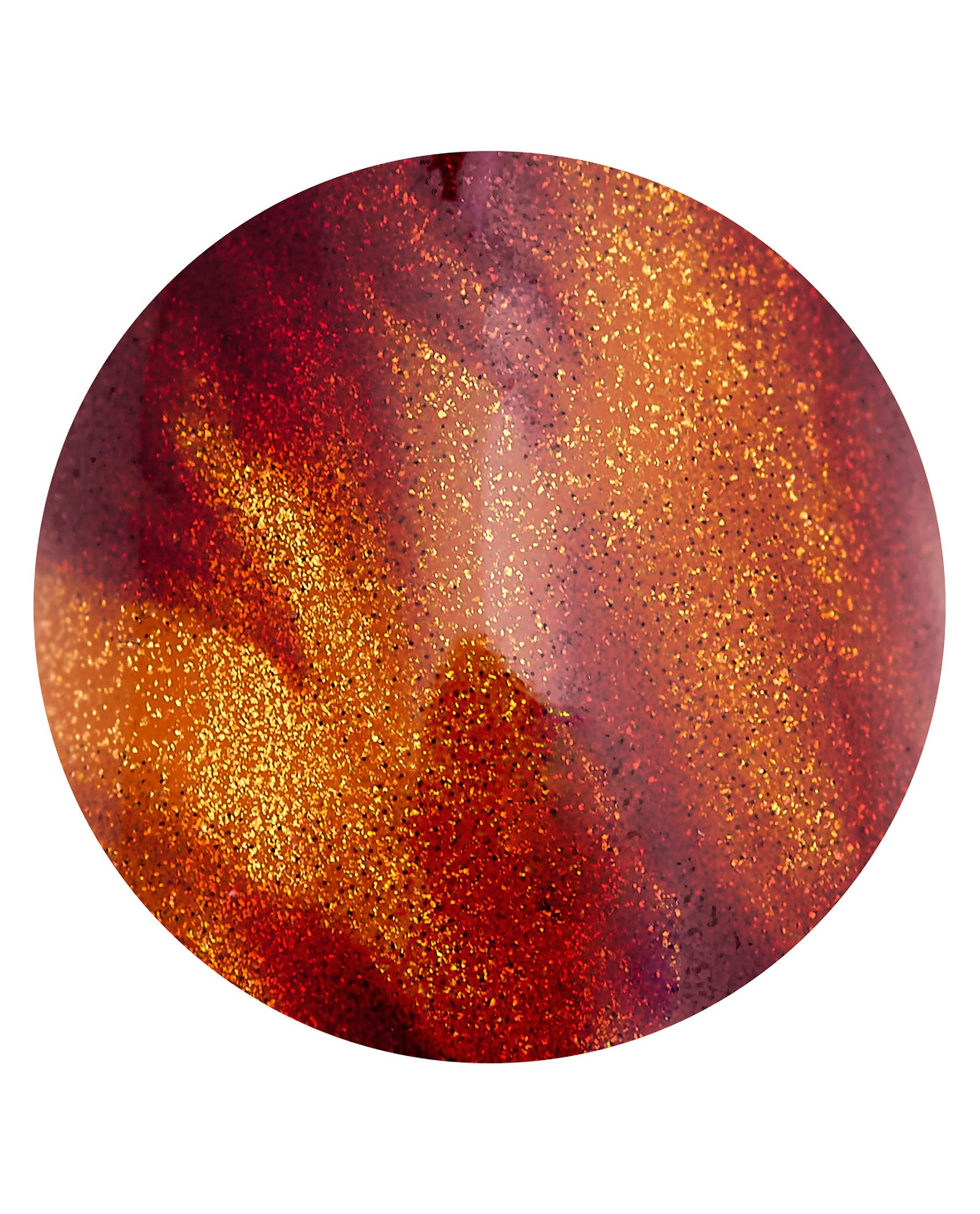 OPI Burn After Glazing xPRESS/ON nail color swatch shows fiery red, orange, and gold shimmer with glitter flecks, a bold choice for fall nail colors on a white background.