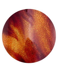 OPI Burn After Glazing xPRESS/ON nail color swatch shows fiery red, orange, and gold shimmer with glitter flecks, a bold choice for fall nail colors on a white background.