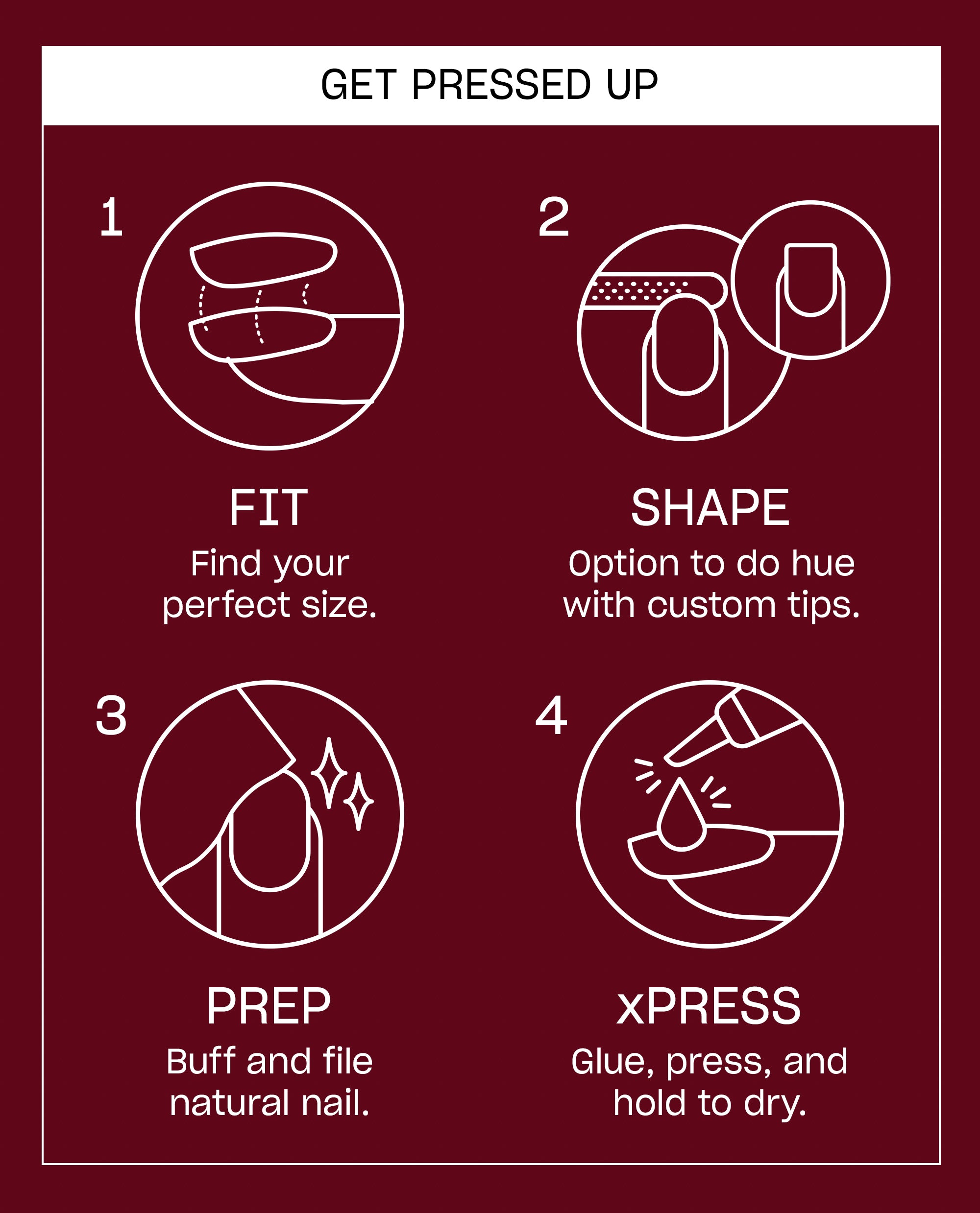 OPI Burn After Glazing xPRESS/ON press-on nail instructions show four steps - fit, shape, prep, and glue, press, hold to dry - on a burgundy guide for fall nail colors.