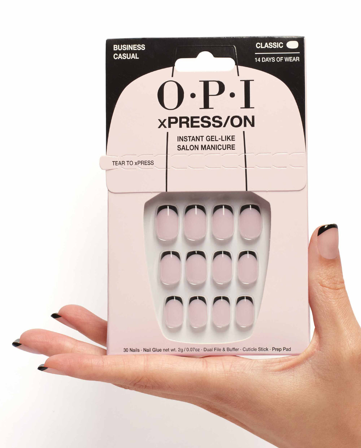 OPI Business Casual French Mani Press On Nails Hand and Product