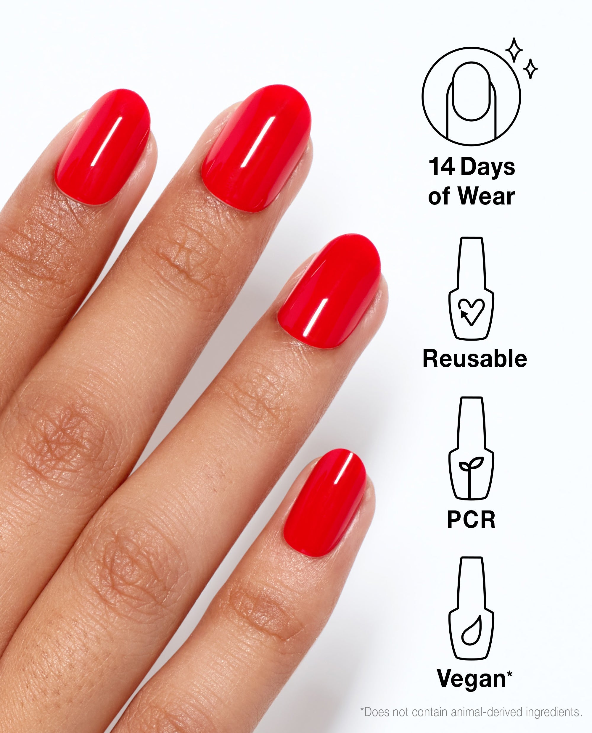 Hand wears glossy red OPI Cajun Shrimp xPRESS/ON press-on nails, highlighting trending benefits: 14 days of wear, reusable design, PCR materials, and vegan formula.