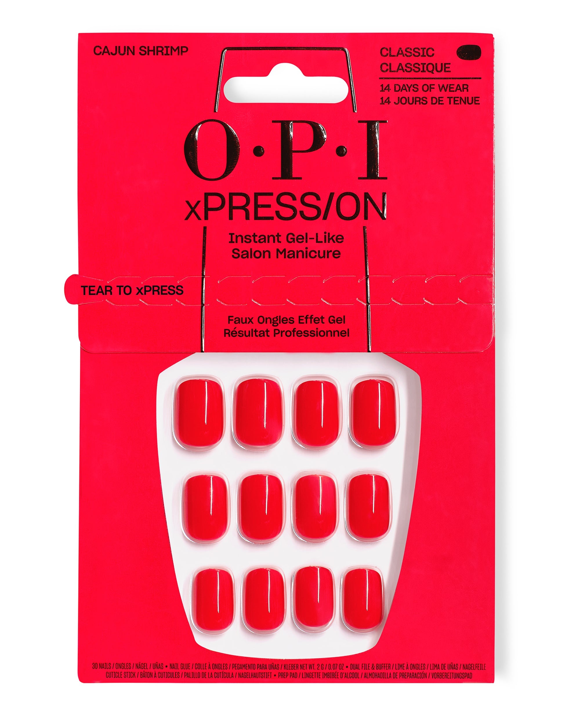 OPI xPRESS/ON Cajun Shrimp press-on nails in glossy coral-red, displayed in bright red retail packaging for an instant gel-like salon manicure with classic 14-day wear.