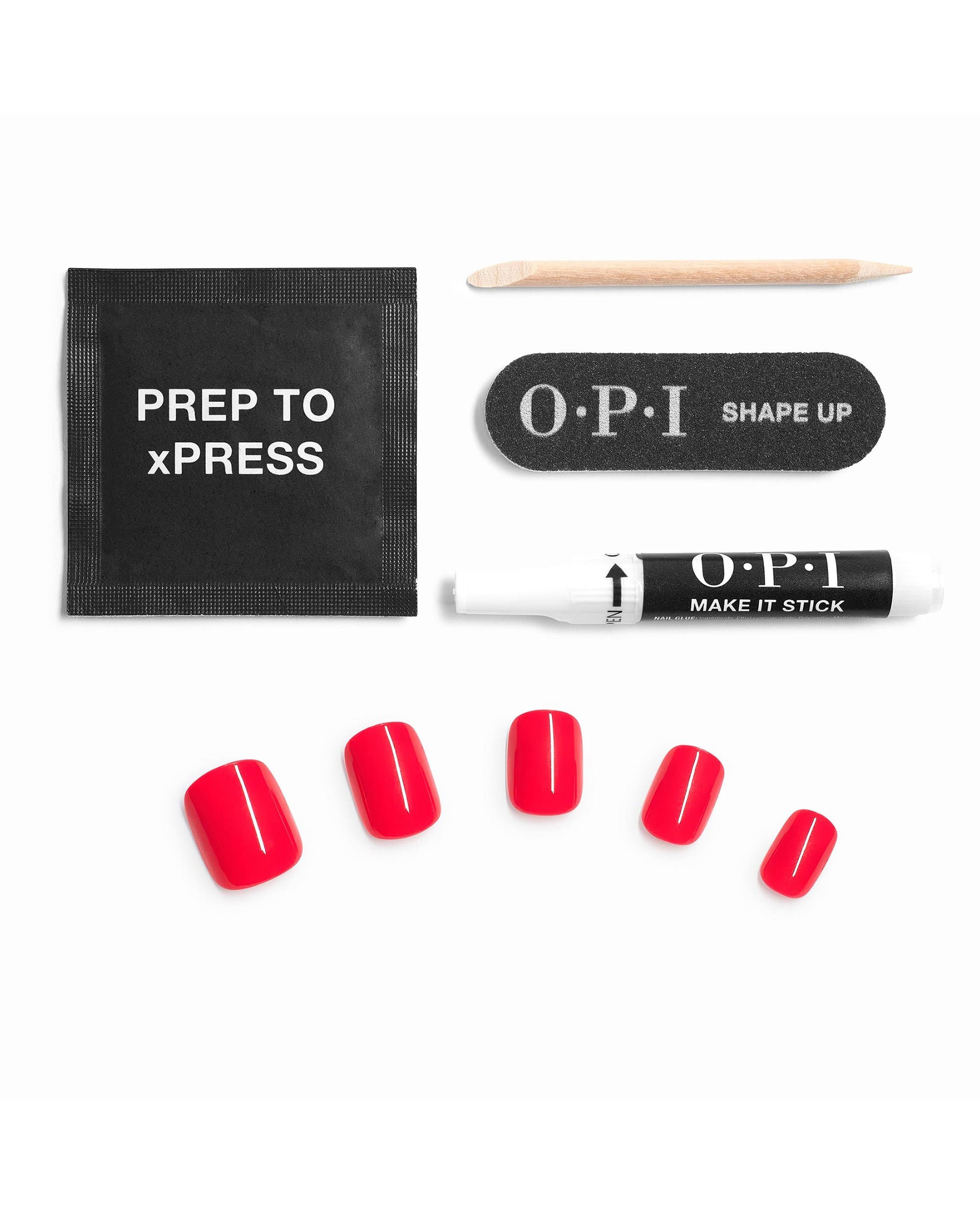 OPI Cajun Shrimp xPRESS/ON press-on nail kit displays glossy coral-red artificial nails with prep pad, cuticle stick, nail file, and Make It Stick nail glue on a white background.
