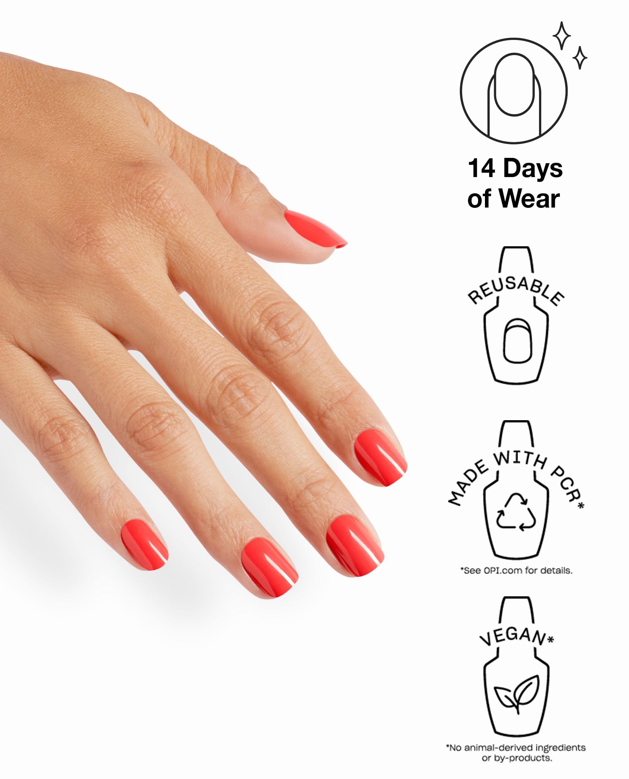 OPI Cajun Shrimp xPRESS/ON press-on nails shown on a hand in glossy coral red, beside benefit icons for 14 days of wear, reusable tips, made with PCR, and vegan formula.