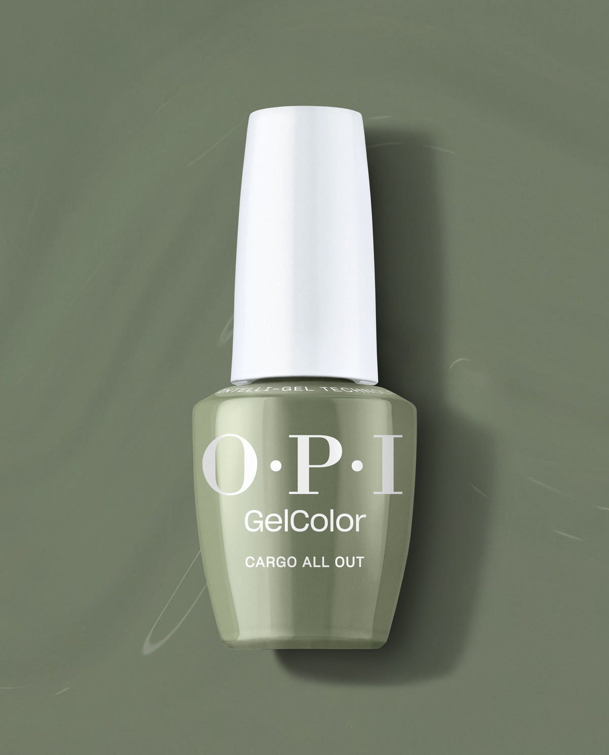 OPI GelColor Cargo All Out gel nail polish bottle standing upright, showcasing a soft sage green finish against a matching glossy background—green nail polish ideal for spring nail colors from OPI.