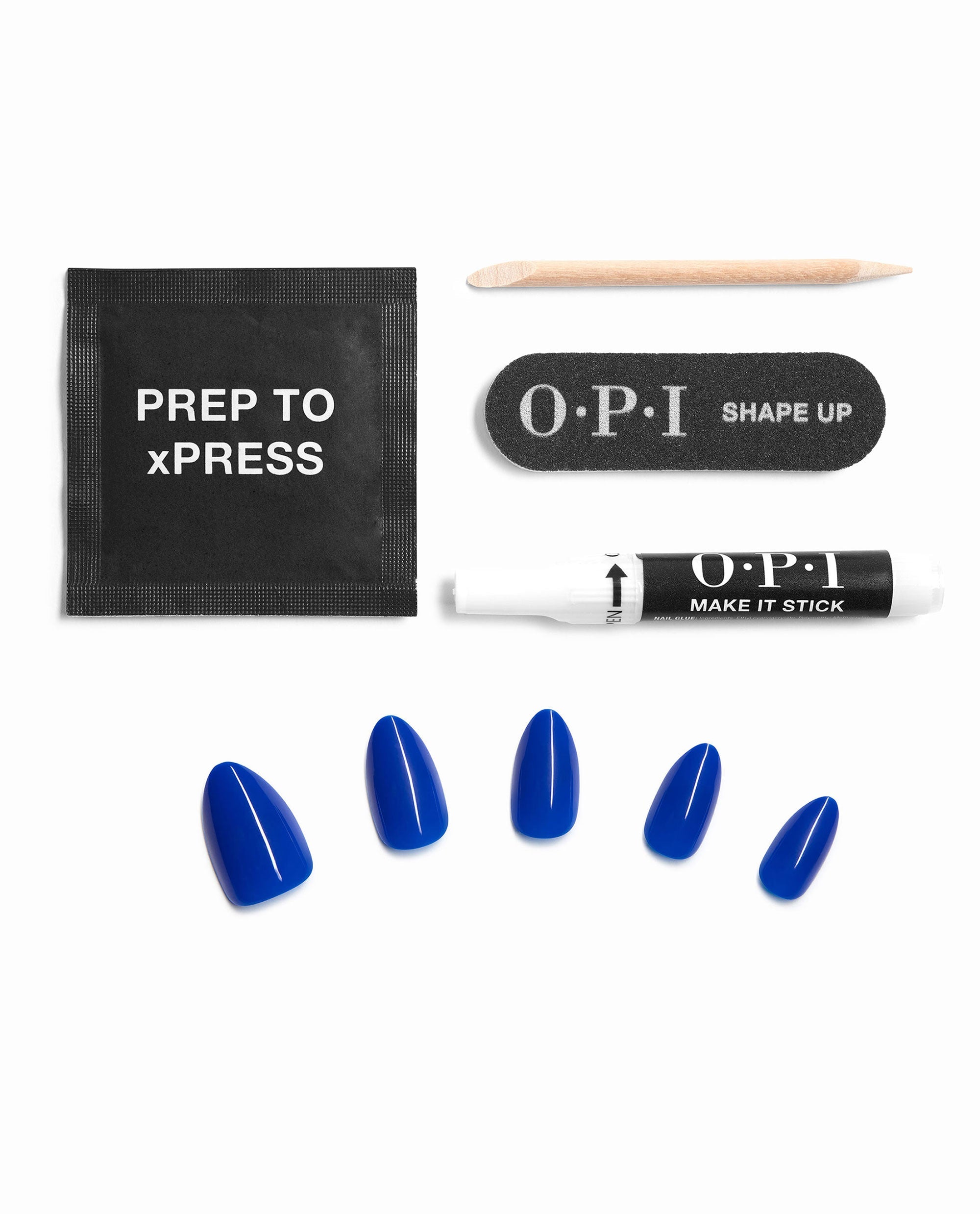 OPI xPRESS/ON Catch a Wave of Happiness glossy cobalt blue press-on nails are arranged with prep pad, cuticle stick, nail file, and glue on a white background.