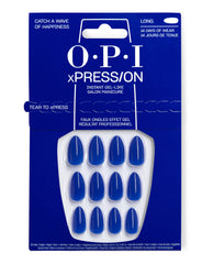 OPI xPRESS/ON Catch a Wave of Happiness long press-on nails in glossy cobalt blue, displayed in blue retail packaging for an instant gel-like salon manicure with up to 14 days of wear.