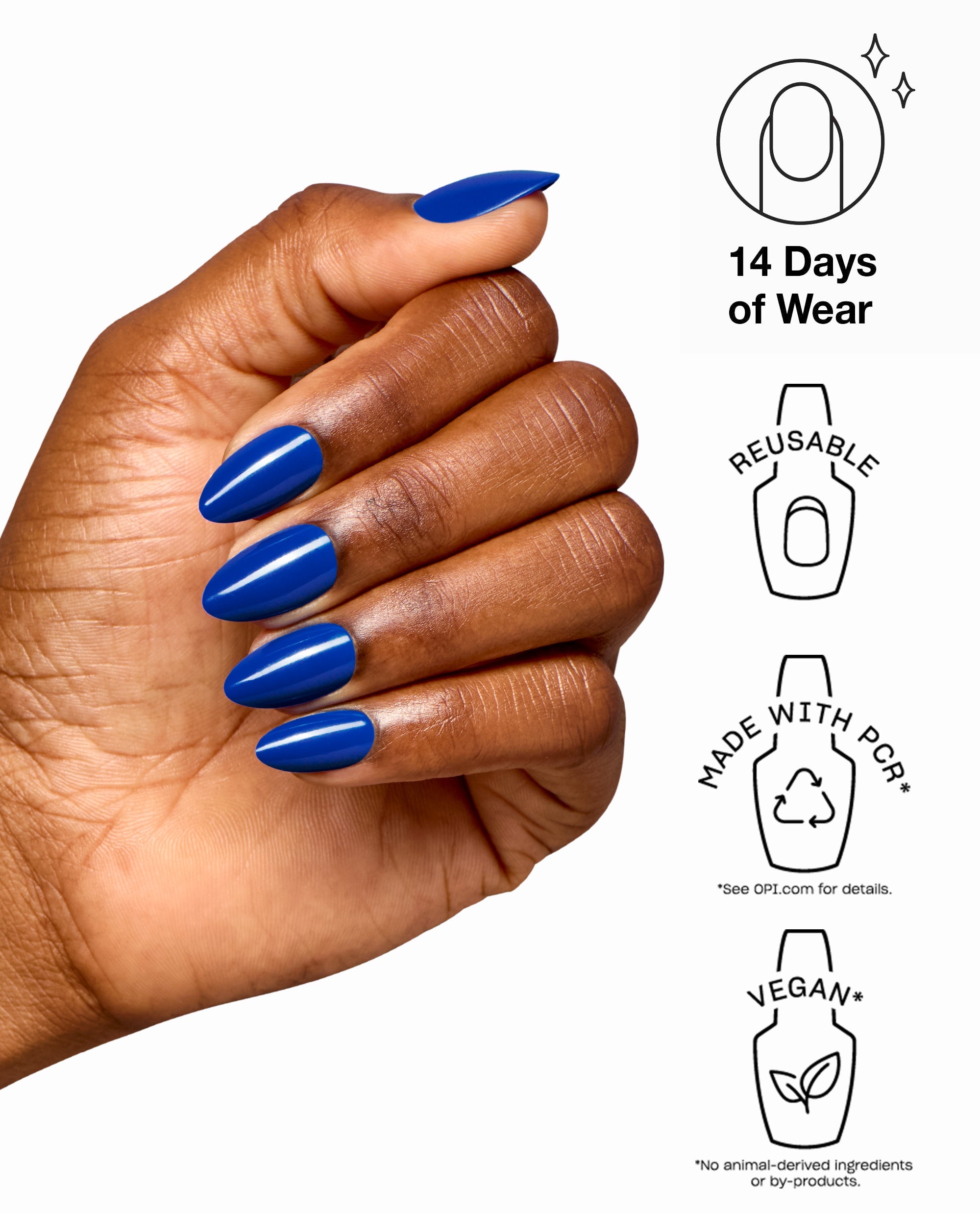 Hand wearing glossy cobalt blue almond OPI xPRESS/ON nails in Catch a Wave of Happiness, with benefit icons for 14 days of wear, reusable design, made with PCR, and vegan formula.