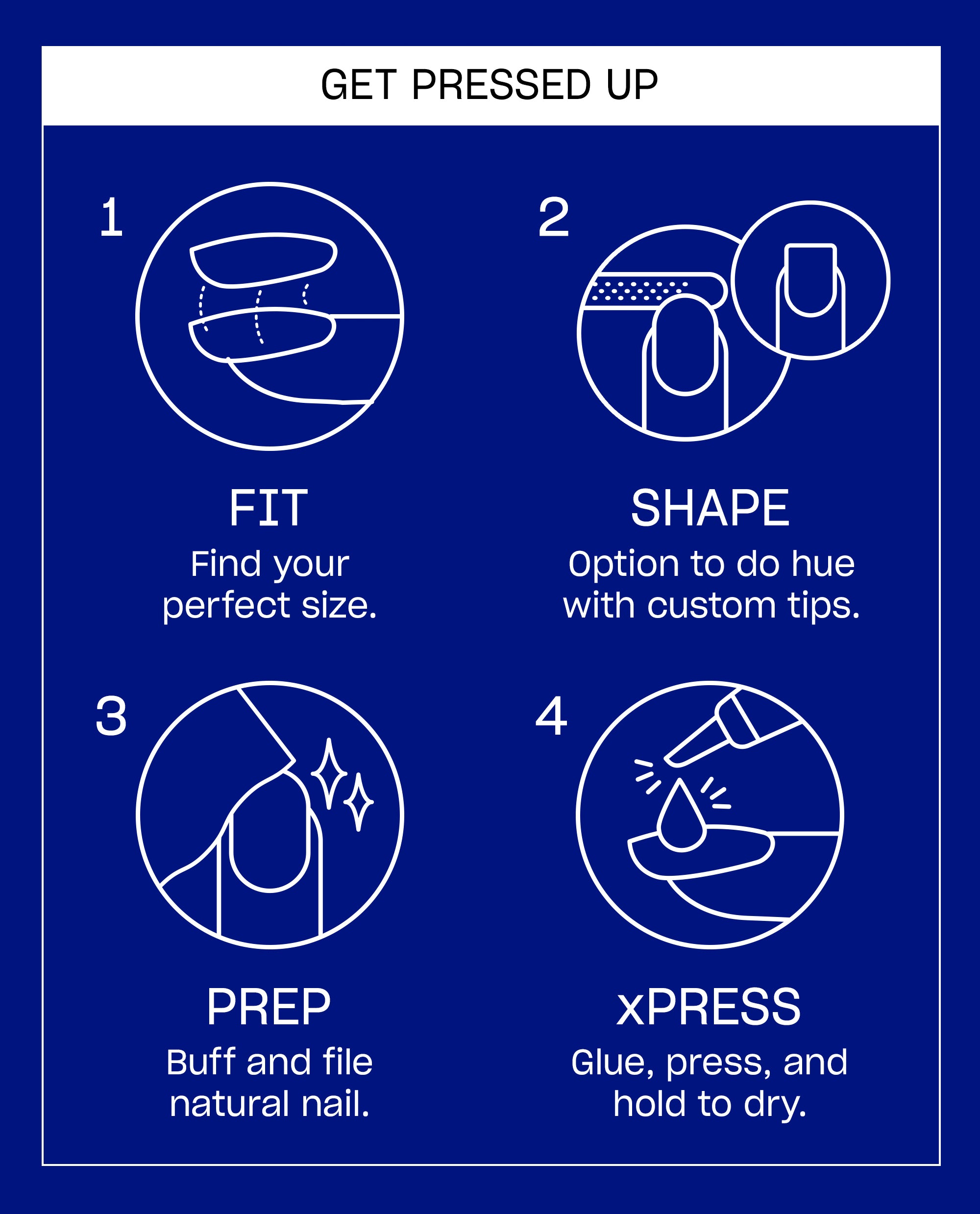 OPI Catch a Wave of Happiness xPRESS/ON instructions show four steps - fit press-on nail size, shape custom tips, prep by buffing and filing natural nails, then apply glue, press, and hold to dry - on a blue guide.