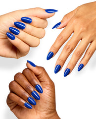 Hands with diverse skin tones model glossy cobalt blue almond-shaped OPI Catch a Wave of Happiness xPRESS/ON press-on nails against a clean white background.