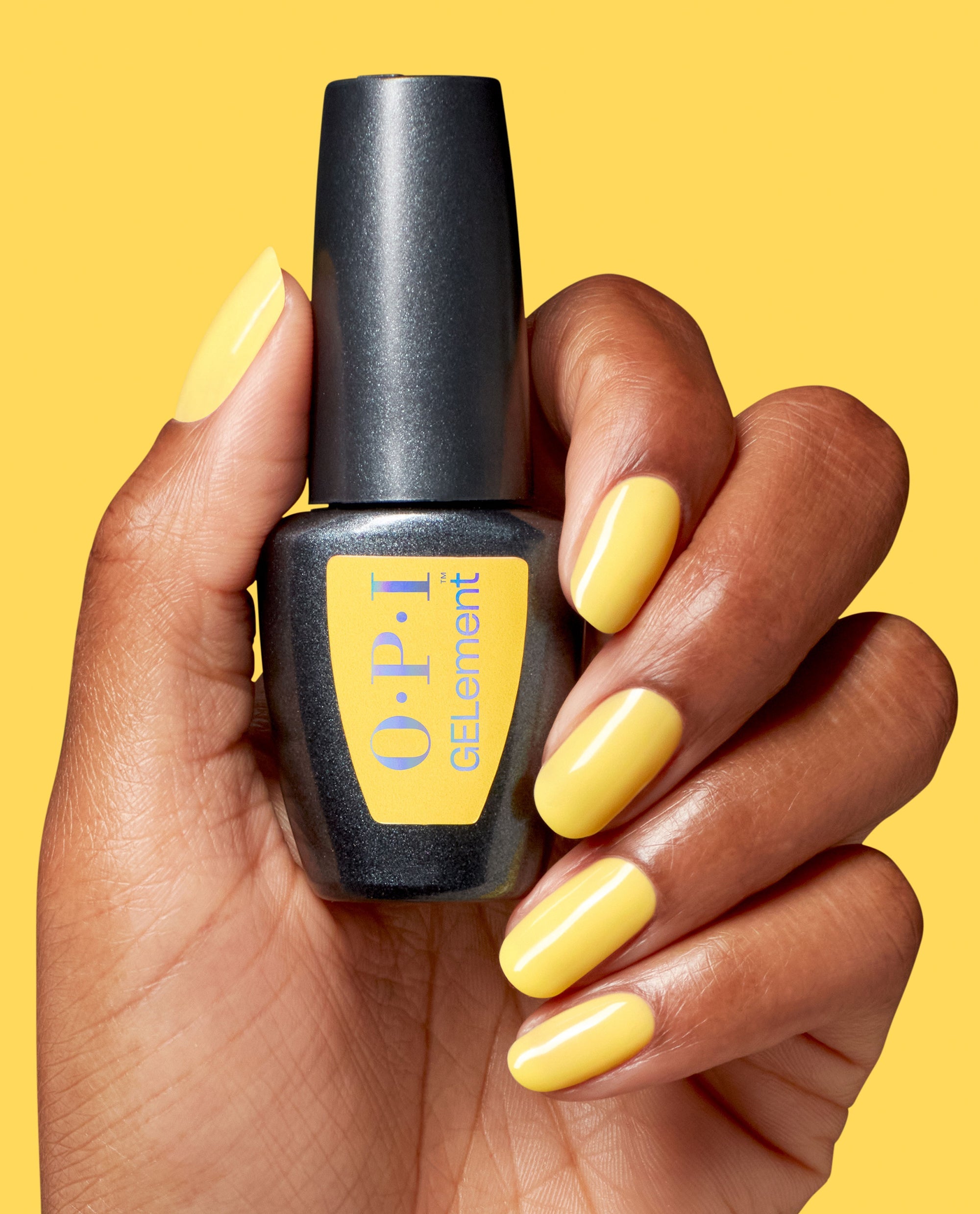 Cheeky Bee-havior Yellow At-home Gel Nail Polish Hand and Bottle