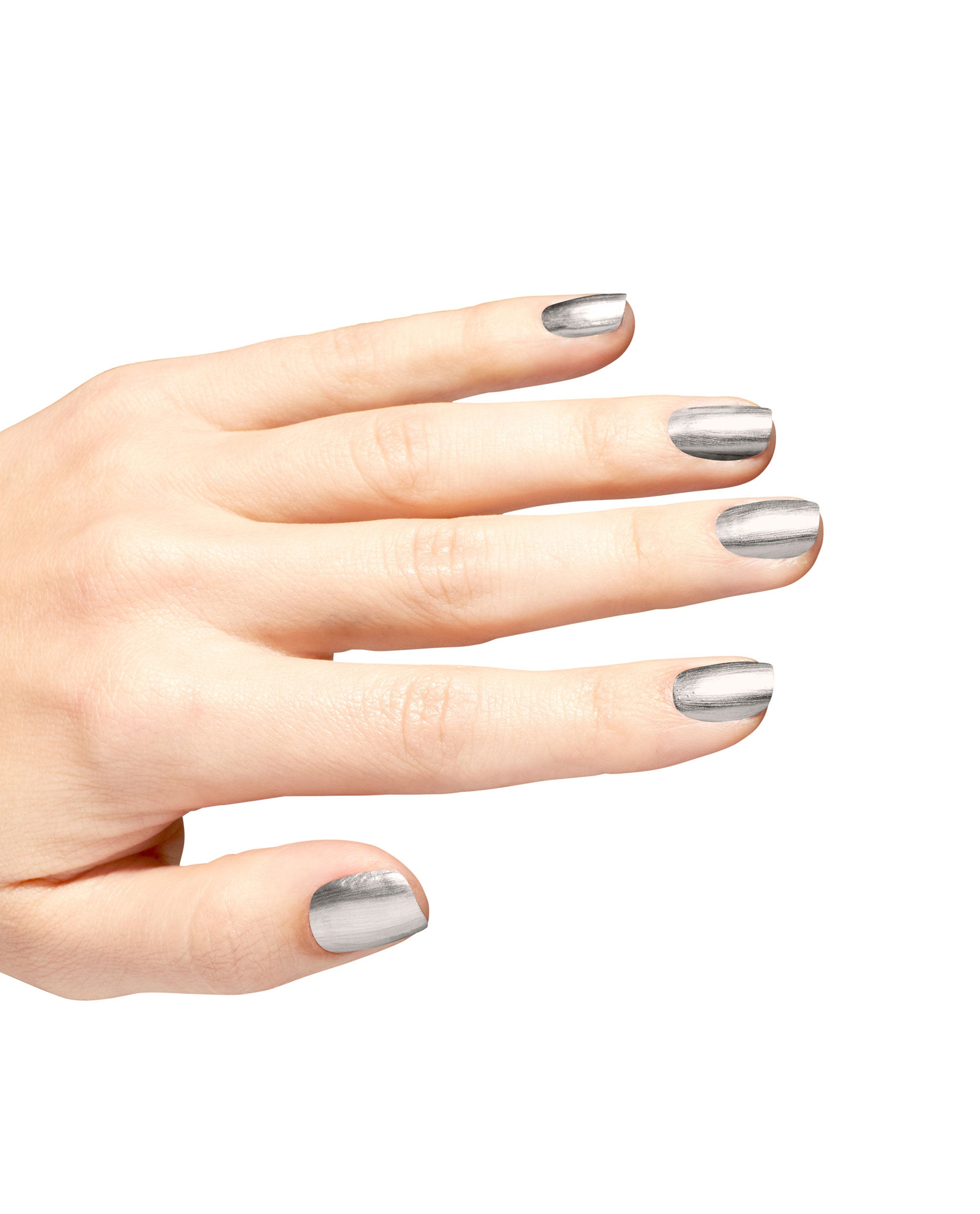 Hand with short, neatly filed nails painted in Chrome Clawz silver metallic OPI nail polish, showing a smooth, mirror-like chrome finish against a clean white background for a modern manicure look.