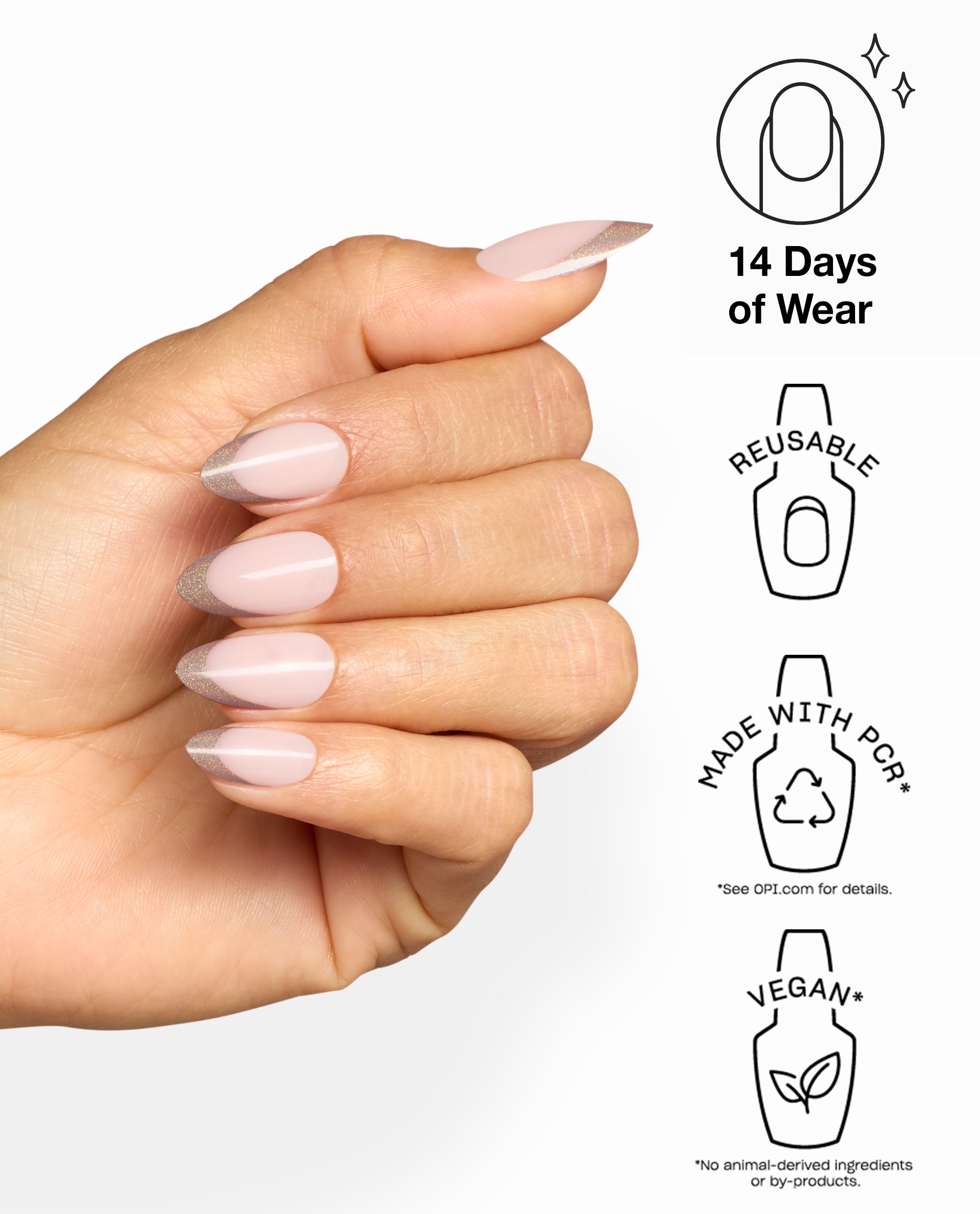 Hand wears OPI xPRESS/ON Don’t Forget to Tip press-on nails in pale pink almond shape with glittery silver French tips, shown with 14-day wear, reusable, PCR, and vegan benefit icons for fall nail colors.