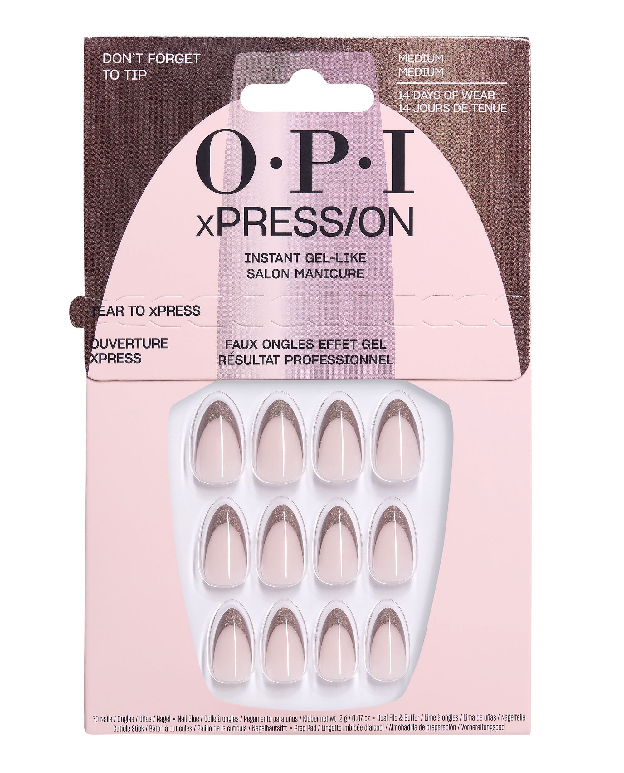 OPI xPRESS/ON Don’t Forget to Tip press-on nails sit in pink retail packaging, showing medium almond nude nails with shimmering taupe French tips, a chic fall nail colors option with up to 14 days of wear.