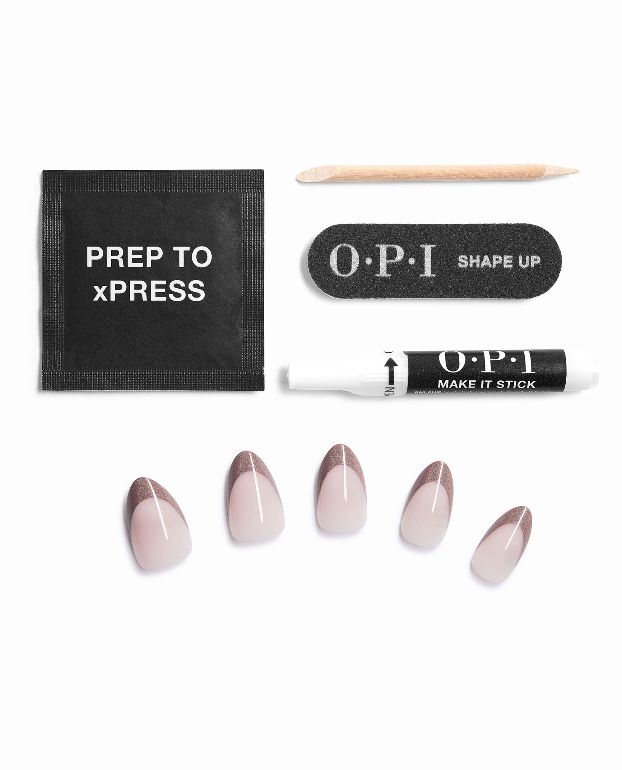 OPI Don’t Forget to Tip xPRESS/ON press-on nails and application tools are arranged on a white background, featuring nude nails with shimmery taupe French tips, glue, nail file, cuticle stick, and prep pad for fall nail colors.