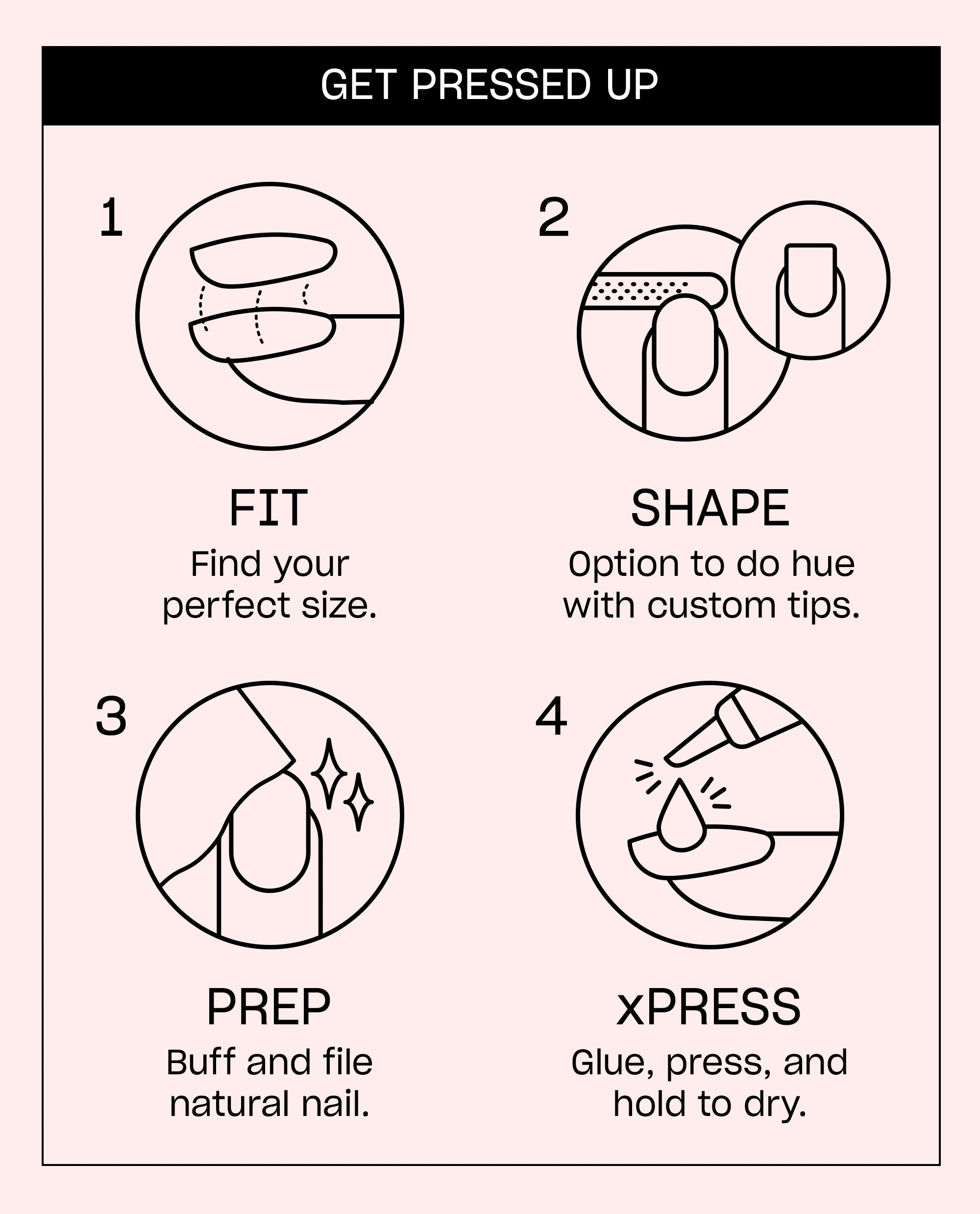 OPI Don’t Forget to Tip xPRESS/ON instructions show four steps - fit, shape, prep, and glue press-on nails - on a pale pink guide for applying fall nail colors.