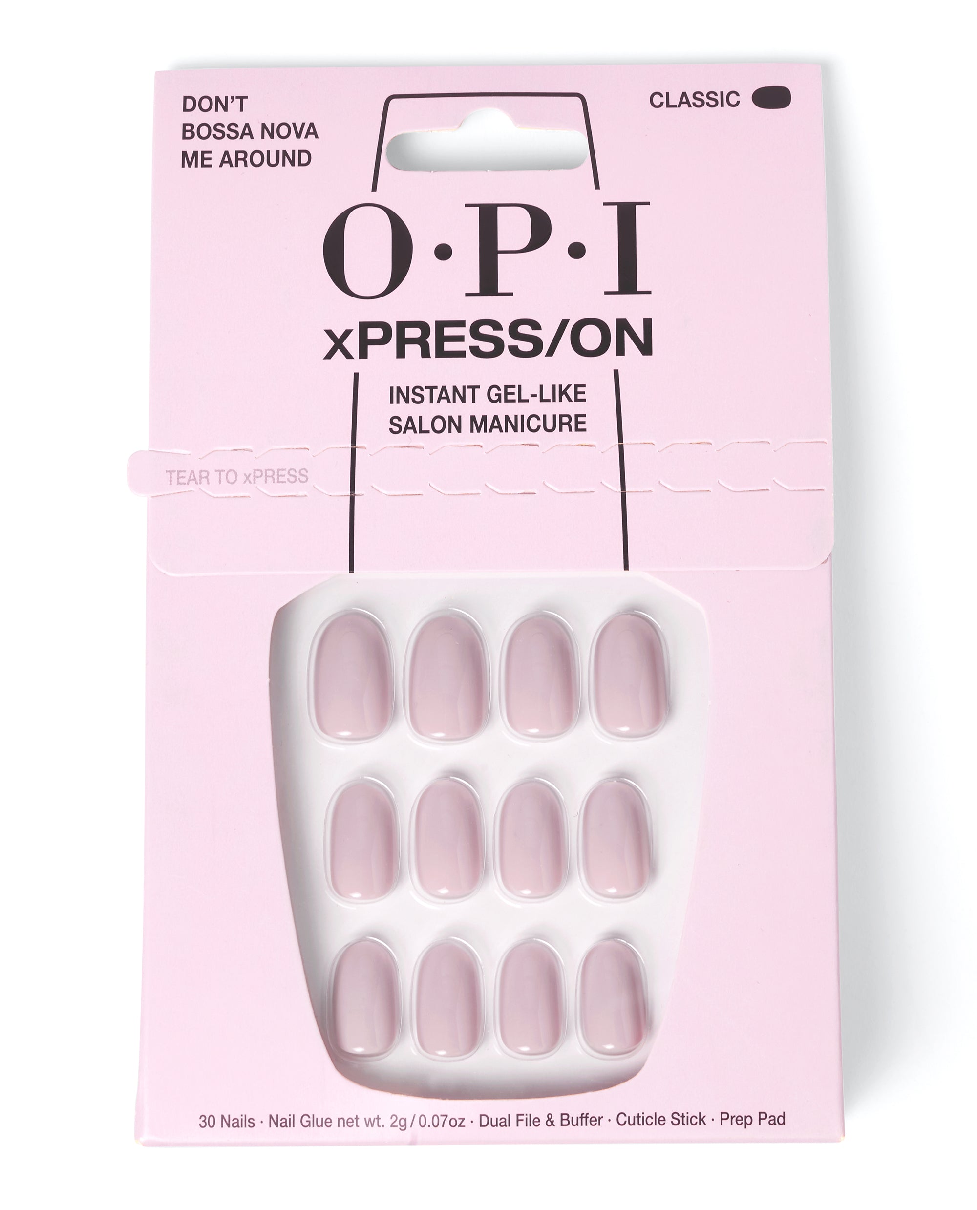 OPI xPRESS/ON Iconic Shades (Short) in Don’t Bossa Nova Me Around® showing a pink box of 30 short, glossy nude artificial nails with included nail glue and tools, ideal as an OPI nail polish gift set for an instant gel-like salon manicure.