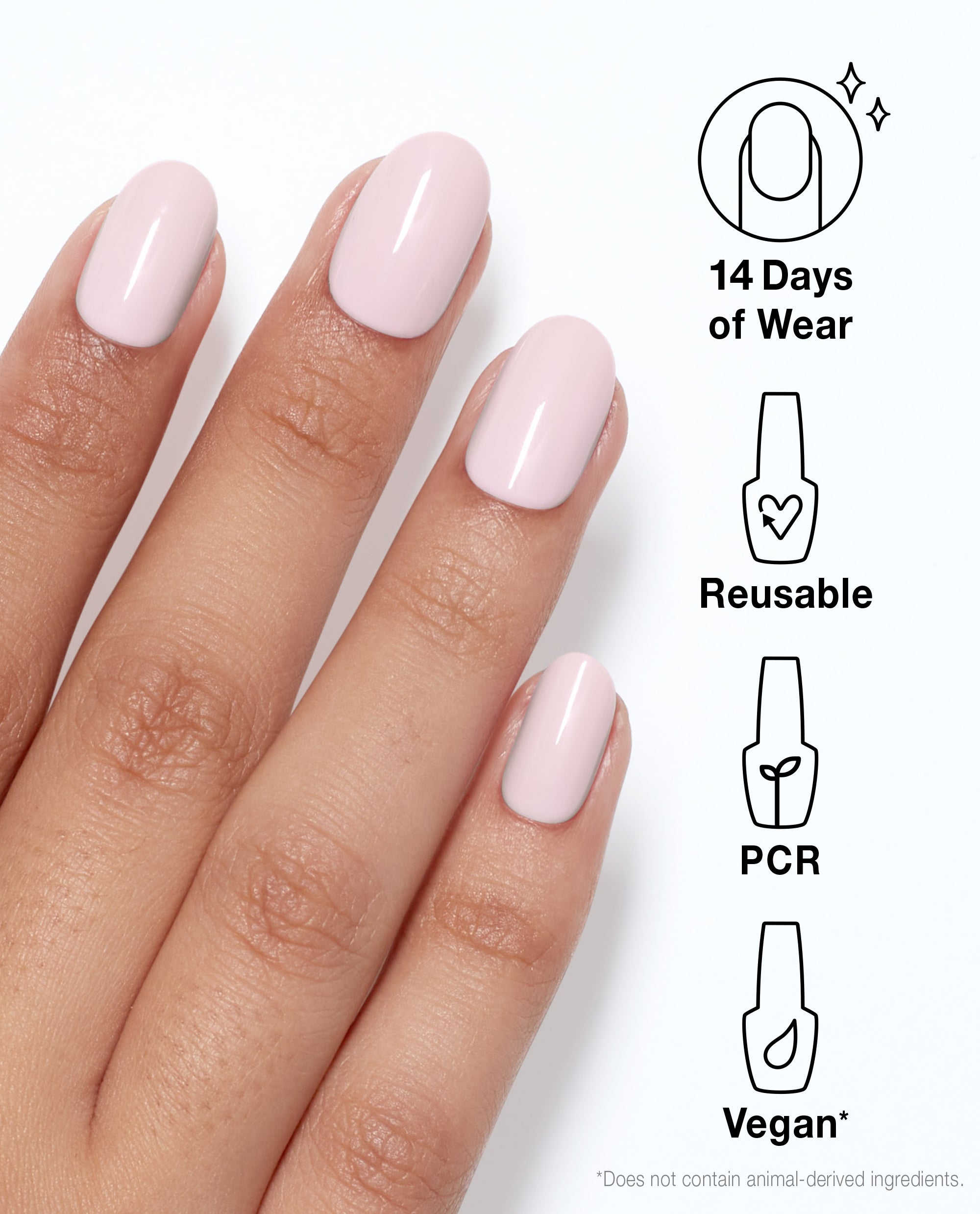 Hand wearing OPI xPRESS/ON Iconic Shades (Short) in “Don’t Bossa Nova Me Around” showing glossy pale pink artificial nails beside icons listing benefits: 14 days of wear, reusable, PCR packaging, and vegan, ideal nail polish gift set promo.