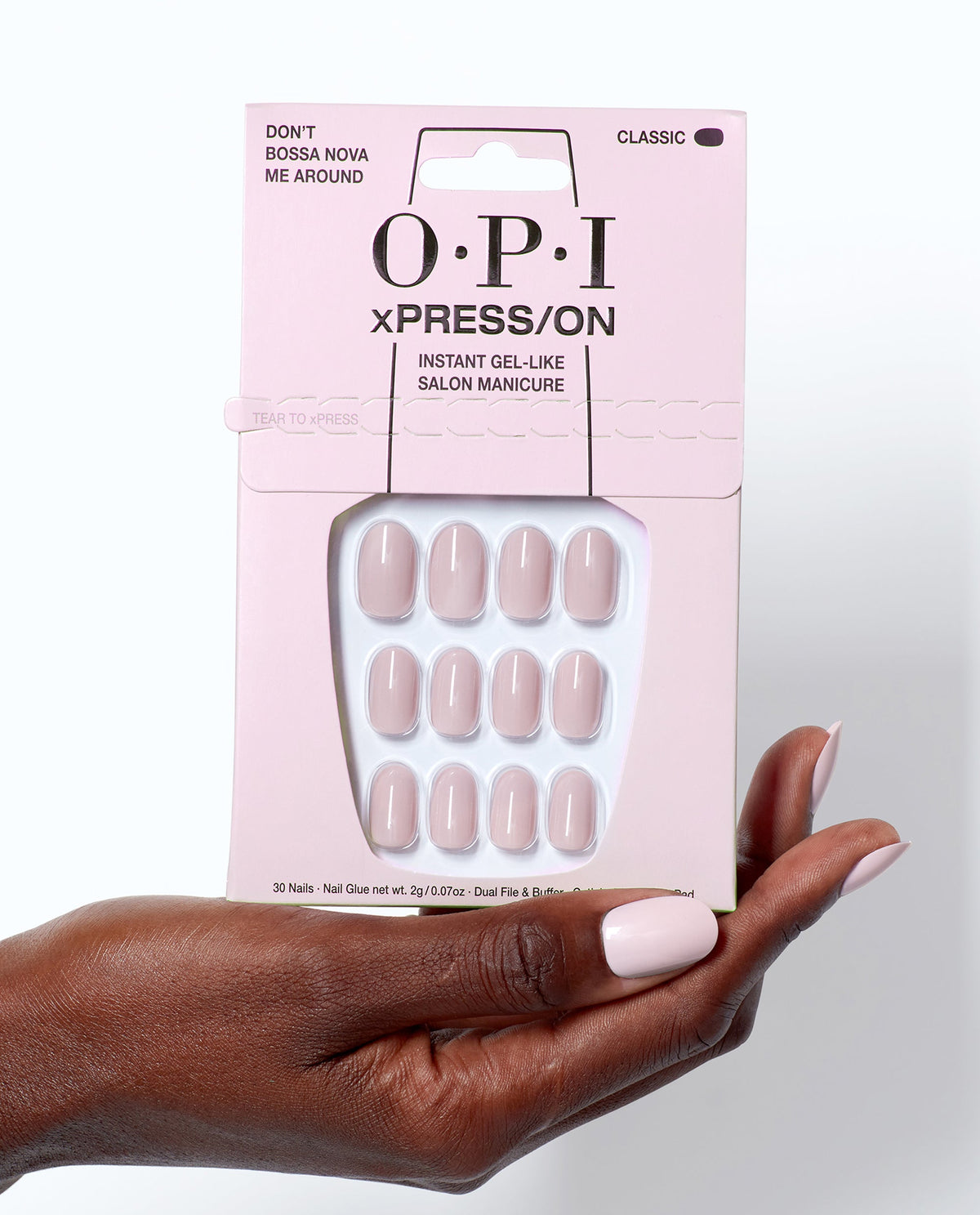 OPI Don't Bossa Nova Me Ar - Short Nude Press-on Nails Hand and Product