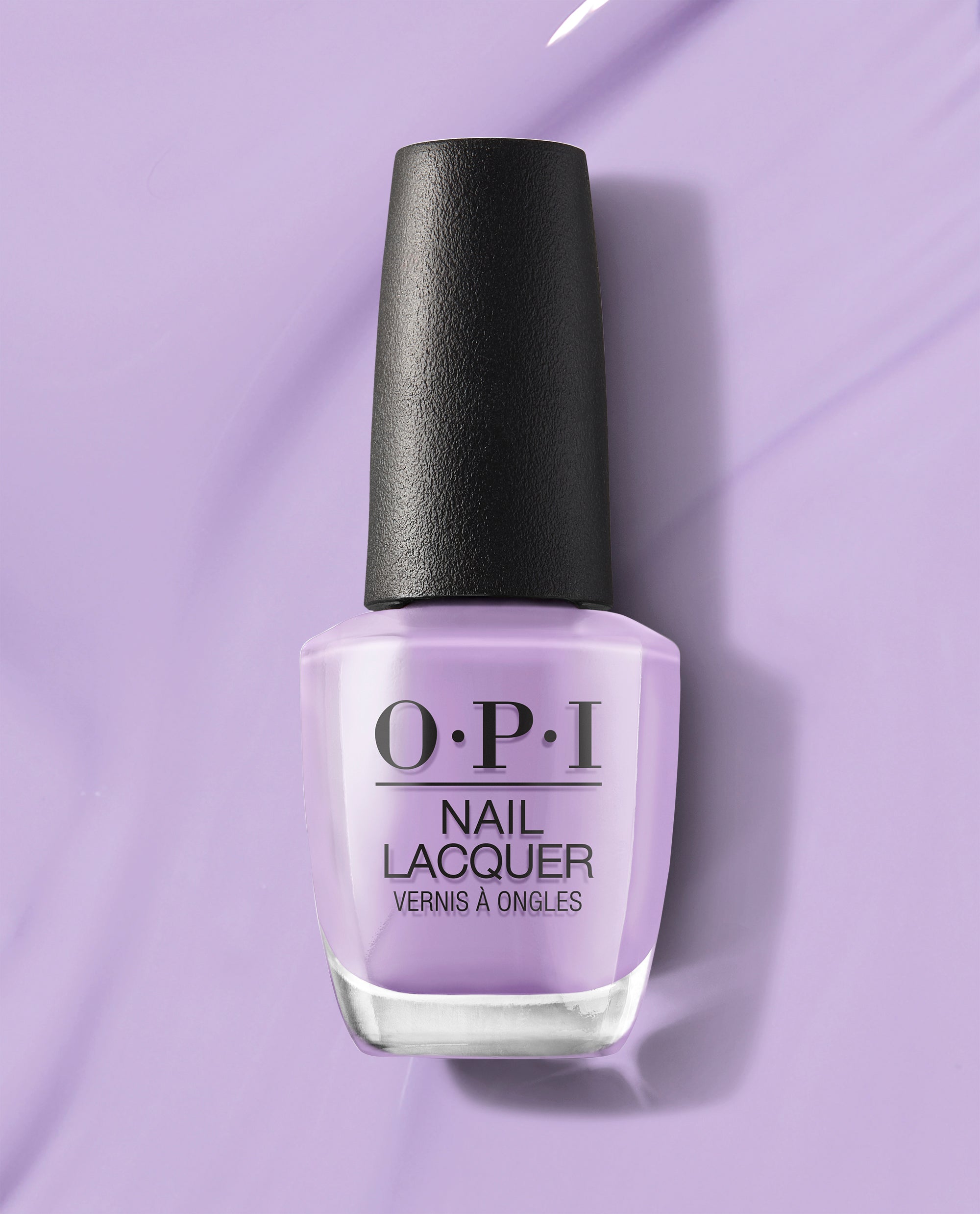 OPI nail polish bottle in the shade Don’t Toot My Flute, a soft pastel lavender nail lacquer, standing upright with a black cap on a glossy matching purple background for a modern beauty product look.
