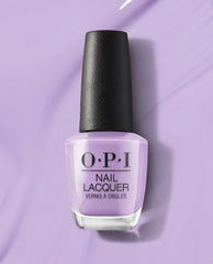 OPI nail polish bottle in the shade Don’t Toot My Flute, a soft pastel lavender nail lacquer, standing upright with a black cap on a glossy matching purple background for a modern beauty product look.