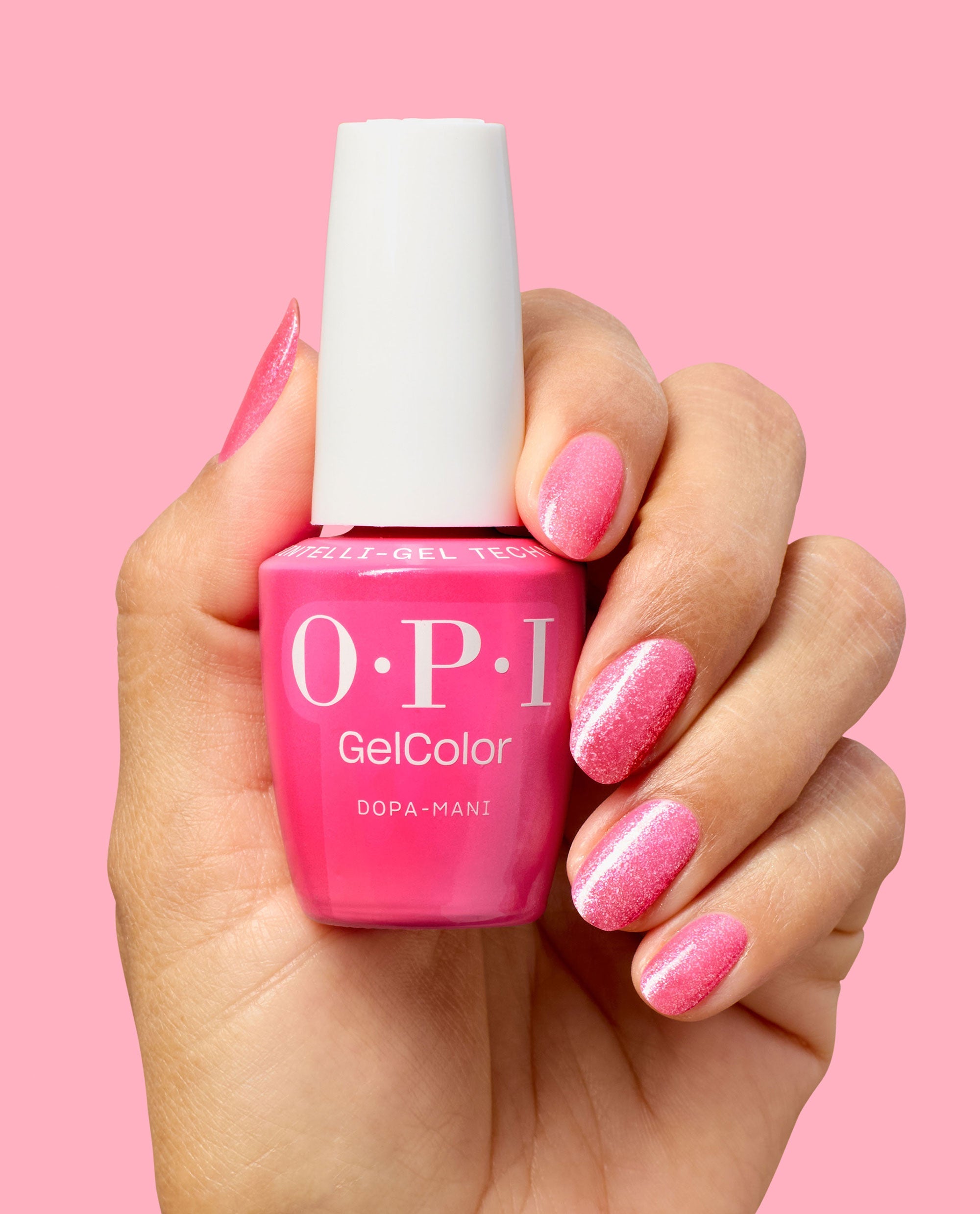 Dopa-mani Pink Shimmer Gel Nail Polish Hand and Product