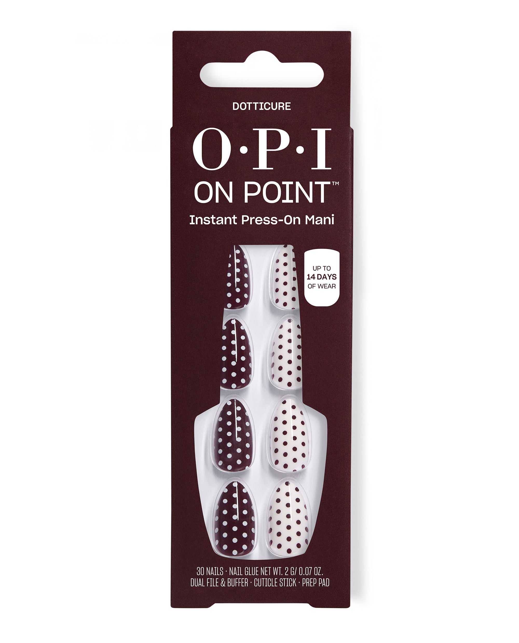 OPI On Point Dotticure instant press-on nails display burgundy and white polka dot fall nail colors in retail packaging with glue, file, buffer, cuticle stick, and prep pad.