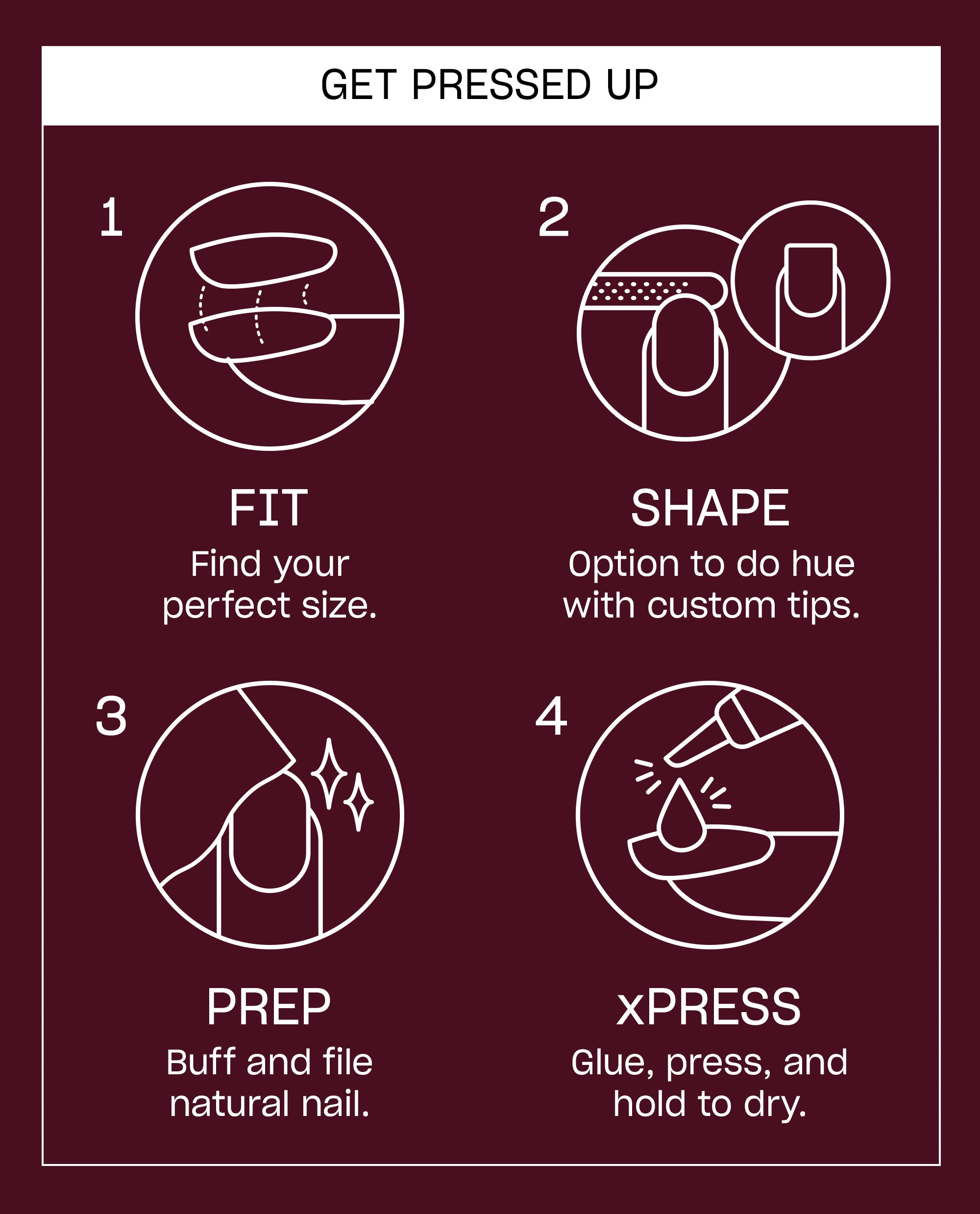 Dotticure On Point press-on nail guide shows four steps - fit, shape, prep, and xPress glue application - using white line icons on a burgundy background for OPI fall nail colors manicures.