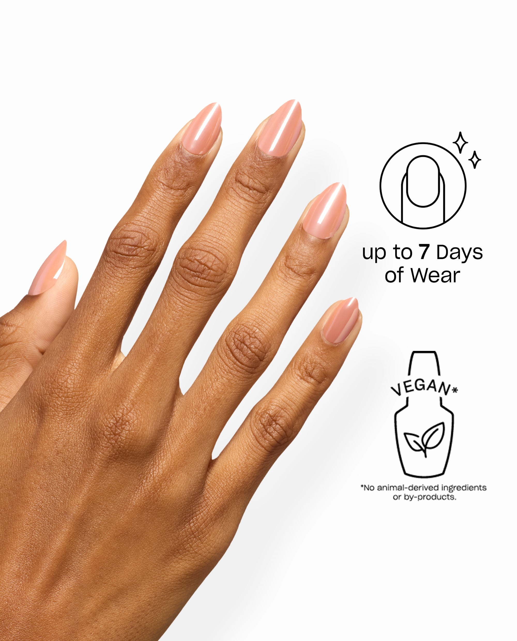 Hand wearing OPI Double Shot of Glaze Sticking Point glossy peach artificial nails, a soft fall nail color with up to 7 days of wear and vegan formula callouts on a white background.