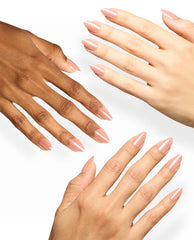 Hands with almond-shaped nails display Double Shot of Glaze, a glossy peachy nude OPI shade from fall nail colors, on multiple skin tones against a clean white background.