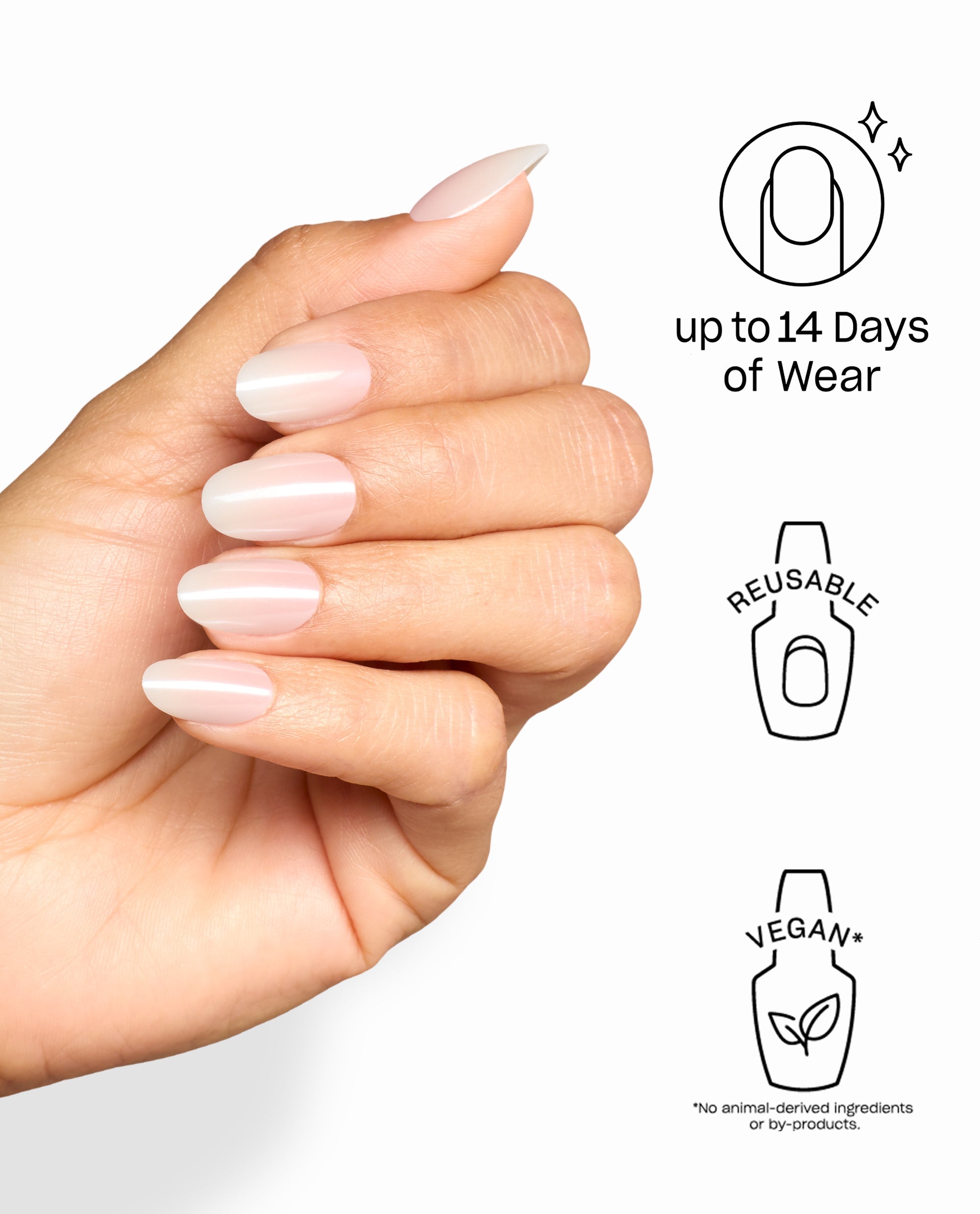 Dreaming of Better Glaze On Point nails show a glossy pale pink OPI fall nail color on a hand, with icons noting up to 14 days of wear, reusable design, and vegan formula.