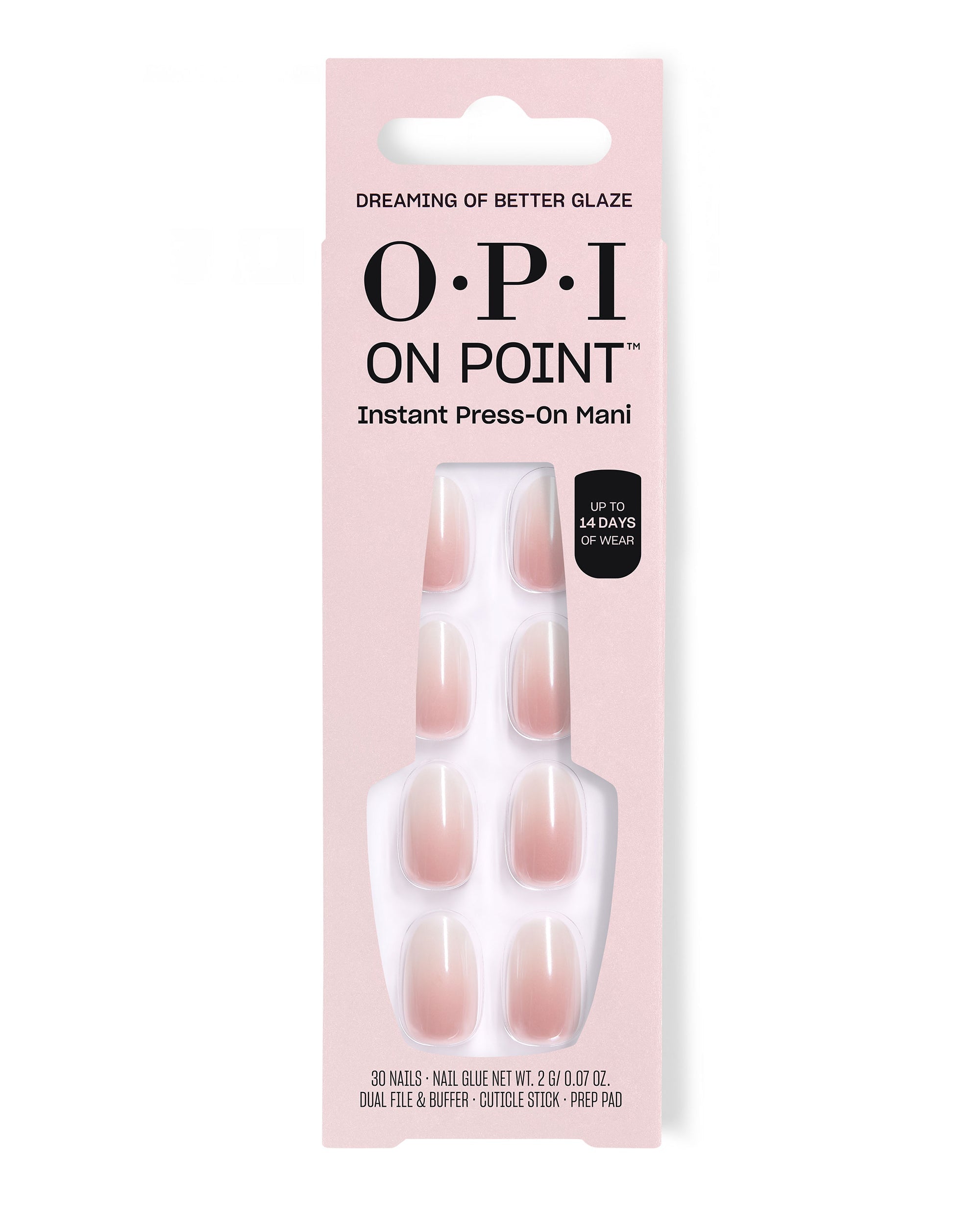 OPI On Point Dreaming of Better Glaze instant press-on mani nails display glossy sheer pink artificial nails in a pale pink box, featuring up to 14 days of wear for soft fall nail colors.